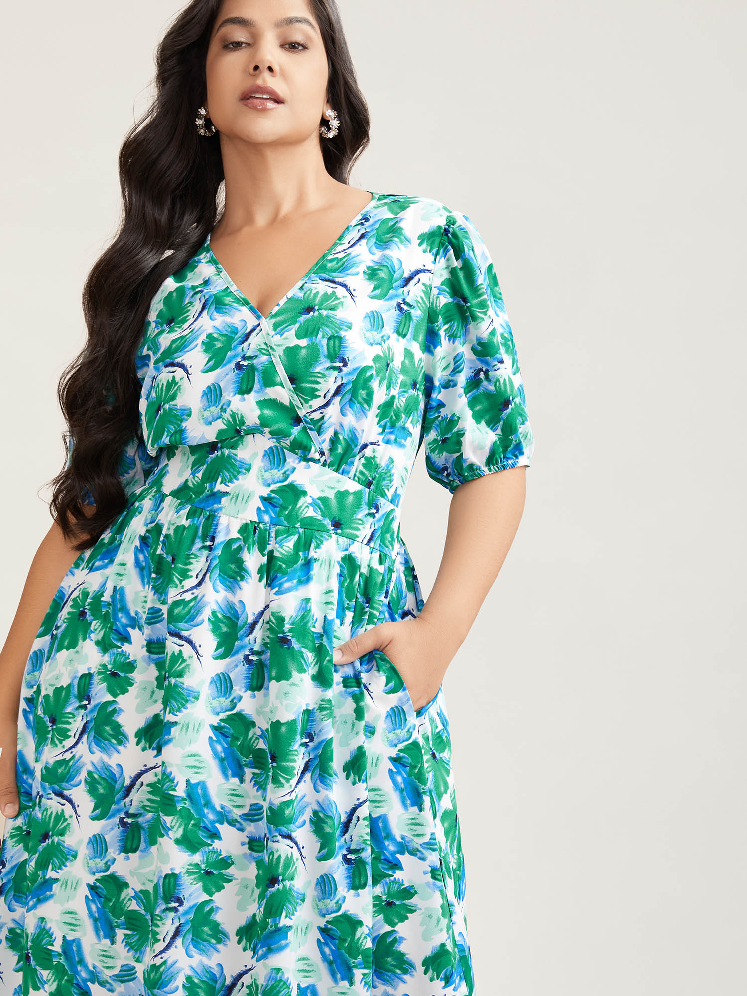 

Plus Size Brush Stroke Floral Surplice Neck Midi Dress Mediumblue Women Elegant Gathered Overlap Collar Short sleeve Curvy BloomChic