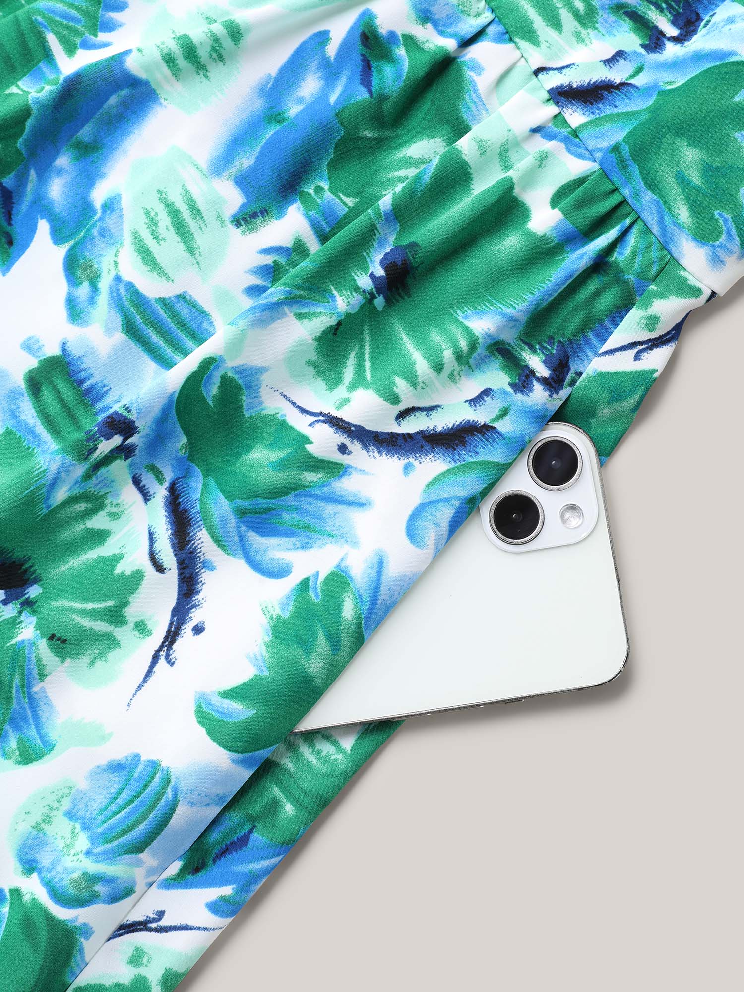 Plus Size Brush Stroke Floral Surplice Neck Midi Dress Mediumblue Women Elegant Gathered Overlap Collar Short sleeve Curvy BloomChic 10/M 
