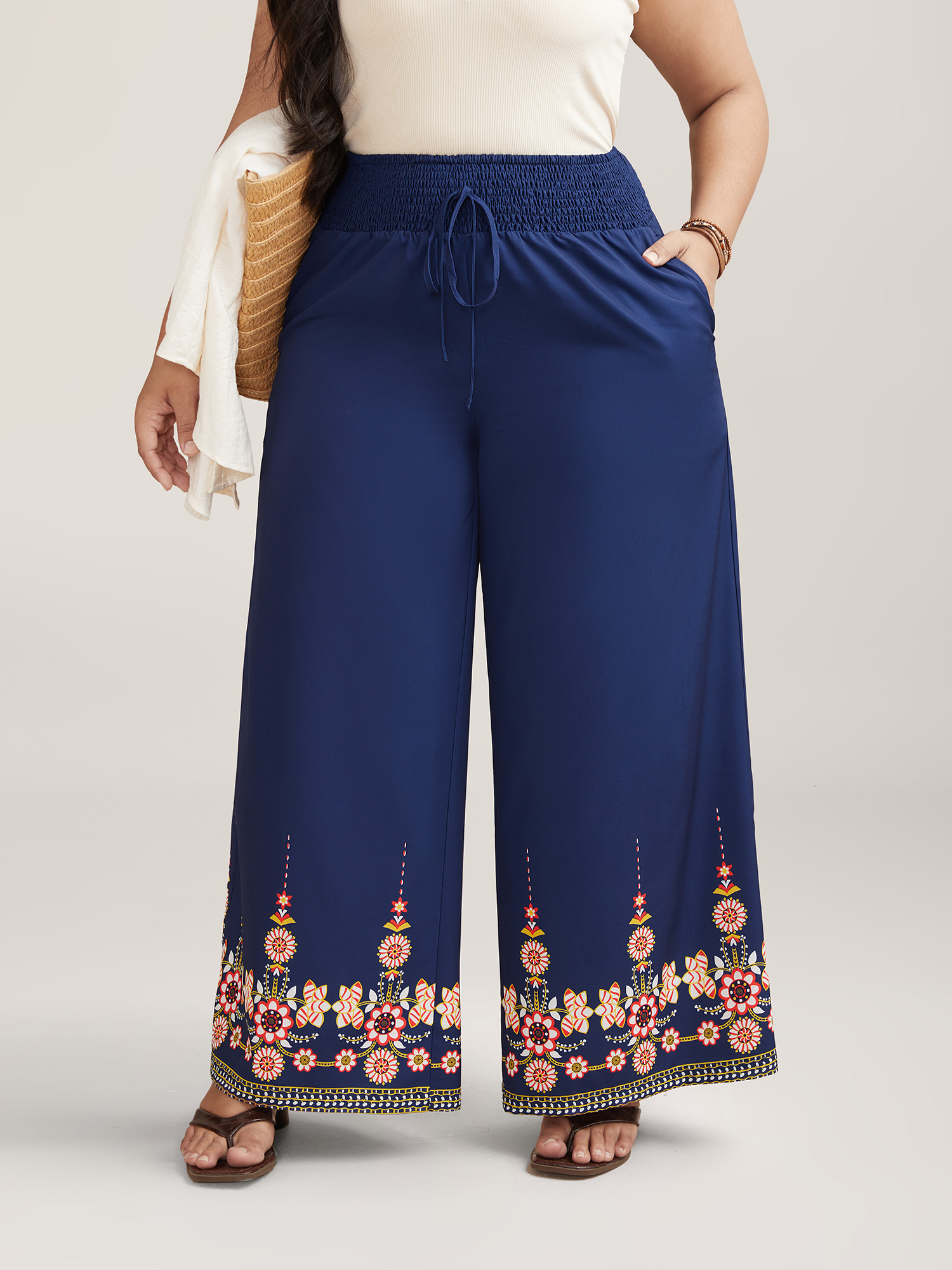 

Plus Size Contrast Geo Print Hem Wide-Leg Pants Women Indigo Resort Loose Mid Rise Vacation Pants BloomChic