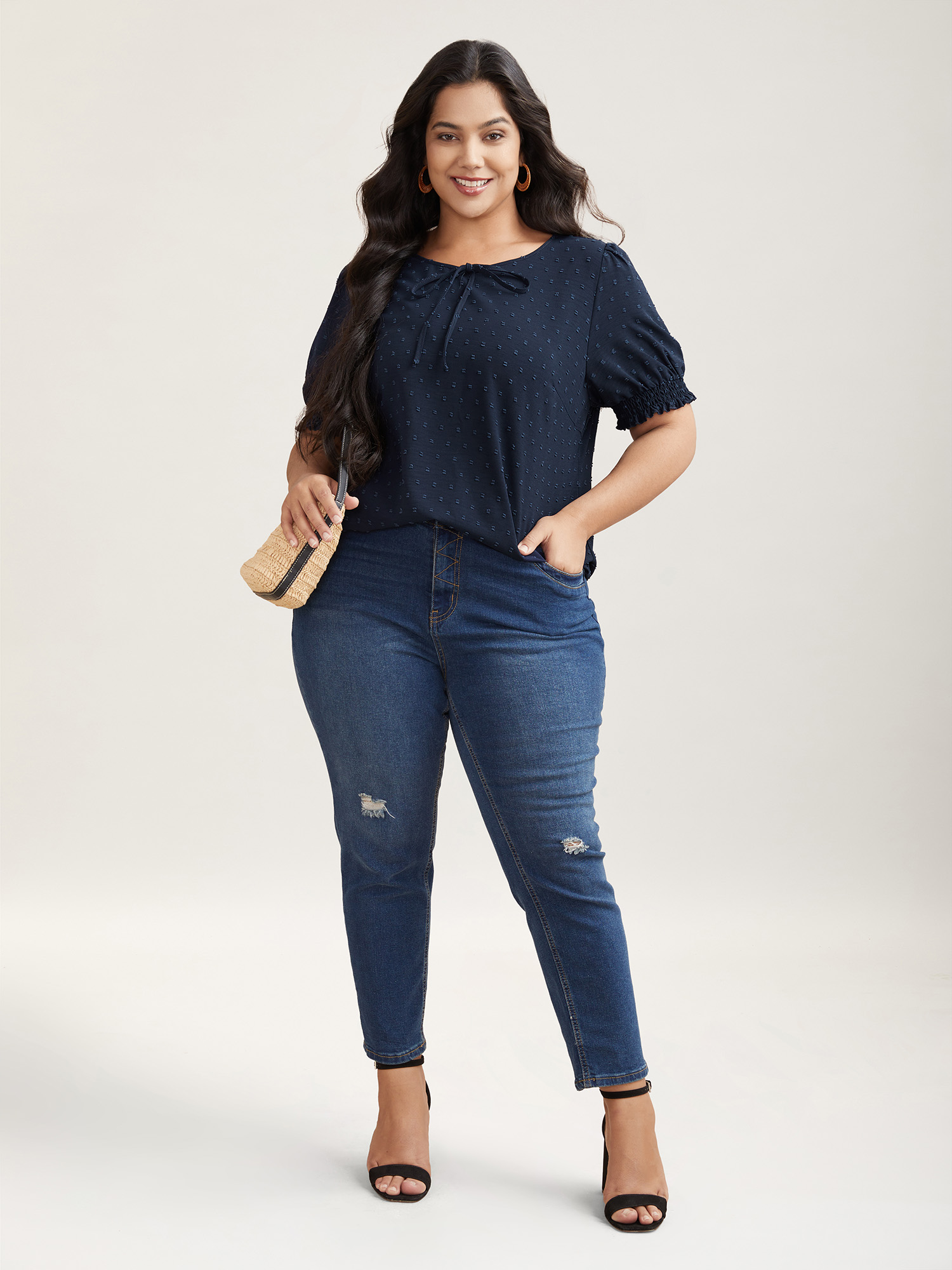 Plus Size Indigo Shirred Puff Sleeve Neck-Tie Shirt Women Resort Short sleeve Round Neck Vacation Blouses BloomChic 22-24/3X 