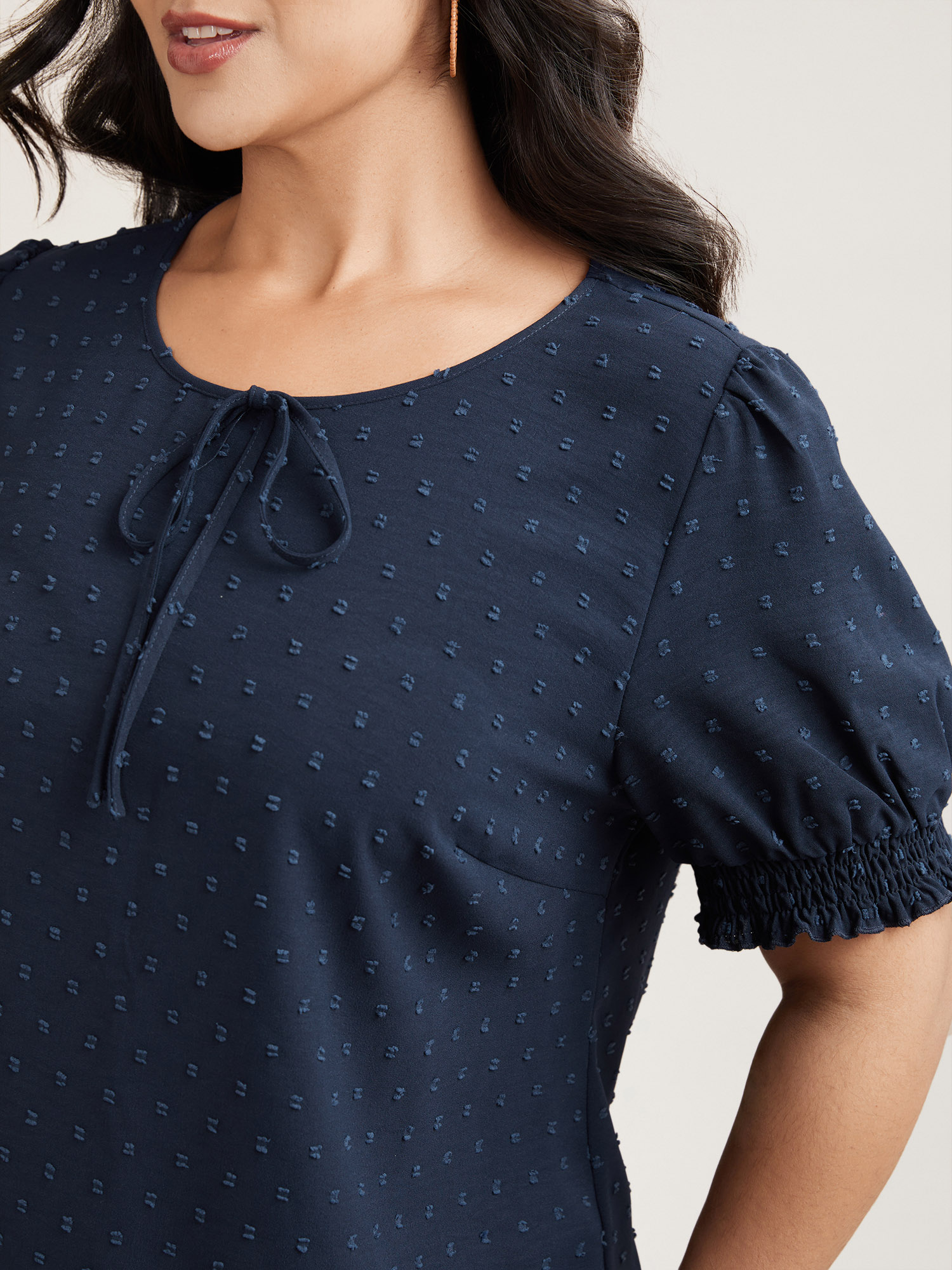 

Plus Size Indigo Shirred Puff Sleeve Neck-Tie Shirt Women Resort Short sleeve Round Neck Vacation Blouses BloomChic
