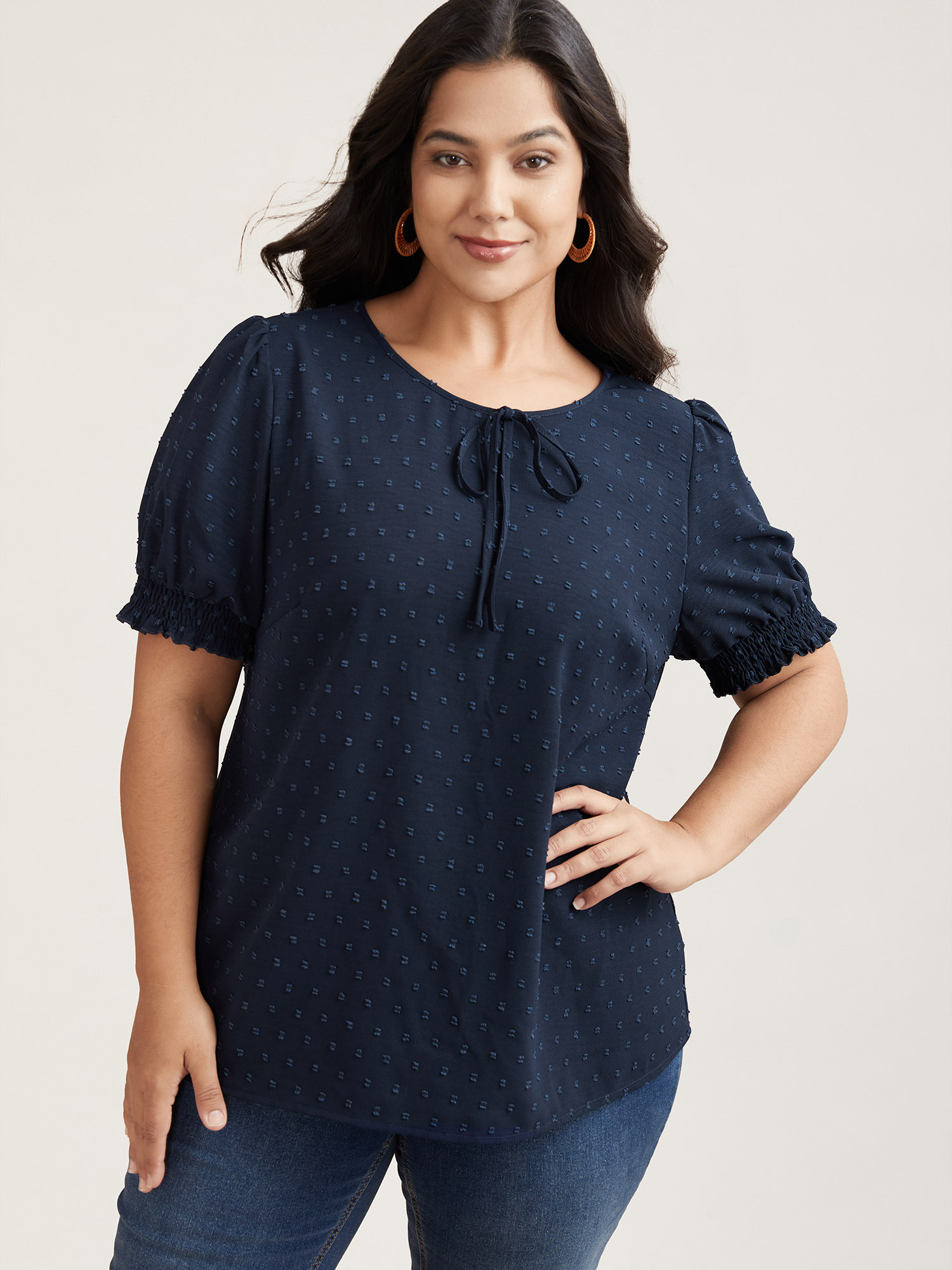 Plus Size Indigo Shirred Puff Sleeve Neck-Tie Shirt Women Resort Short sleeve Round Neck Vacation Blouses BloomChic 22-24/3X 