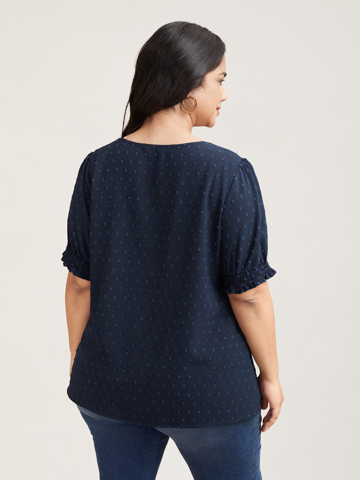 Plus Size Indigo Shirred Puff Sleeve Neck-Tie Shirt Women Resort Short sleeve Round Neck Vacation Blouses BloomChic 22-24/3X 