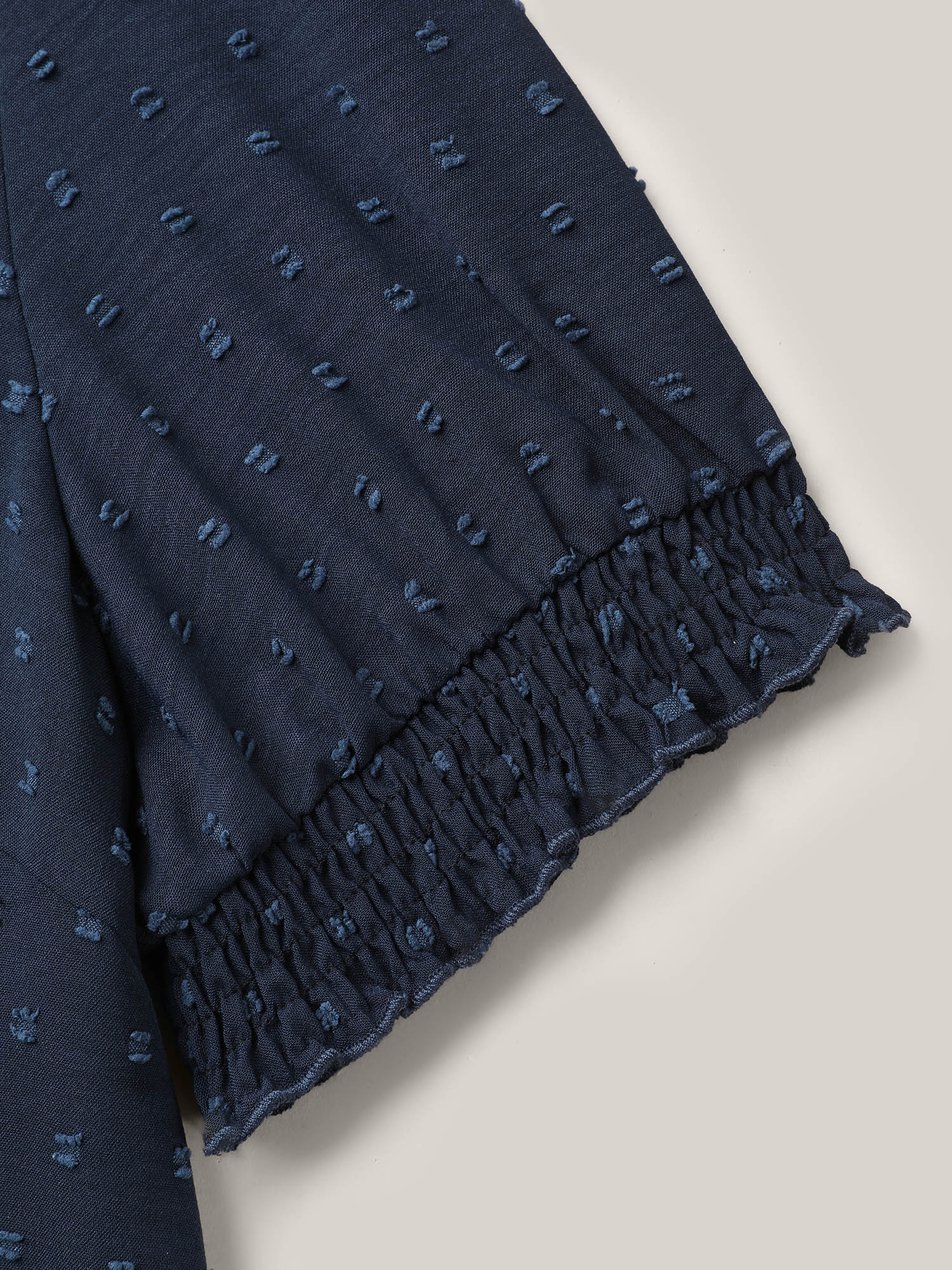 Plus Size Indigo Shirred Puff Sleeve Neck-Tie Shirt Women Resort Short sleeve Round Neck Vacation Blouses BloomChic 22-24/3X 