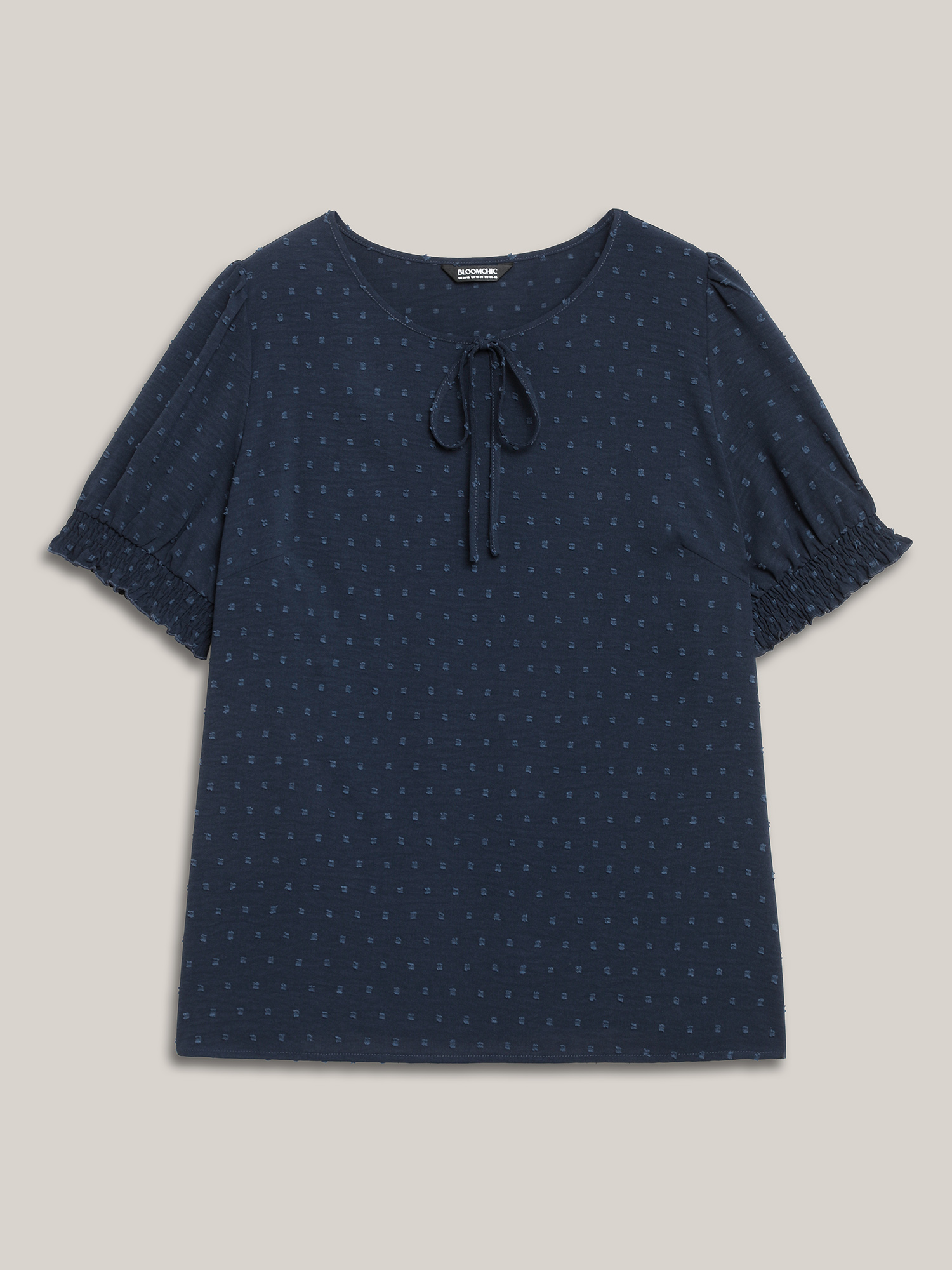 Plus Size Indigo Shirred Puff Sleeve Neck-Tie Shirt Women Resort Short sleeve Round Neck Vacation Blouses BloomChic 22-24/3X 