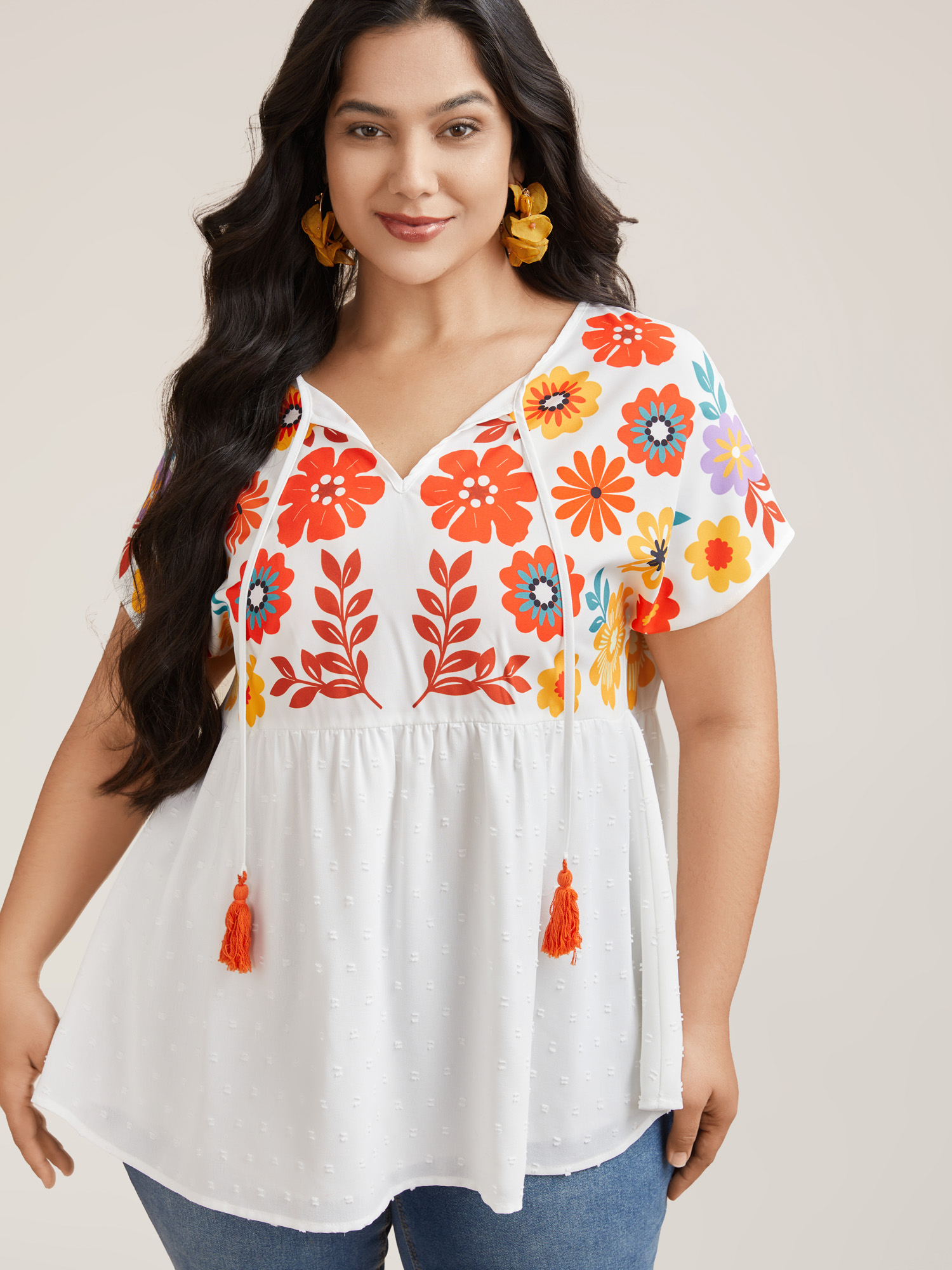 

Plus Size WhiteSmoke Floral Print Neck-Tie Babydoll Top Women Resort Short sleeve Non Vacation Blouses BloomChic