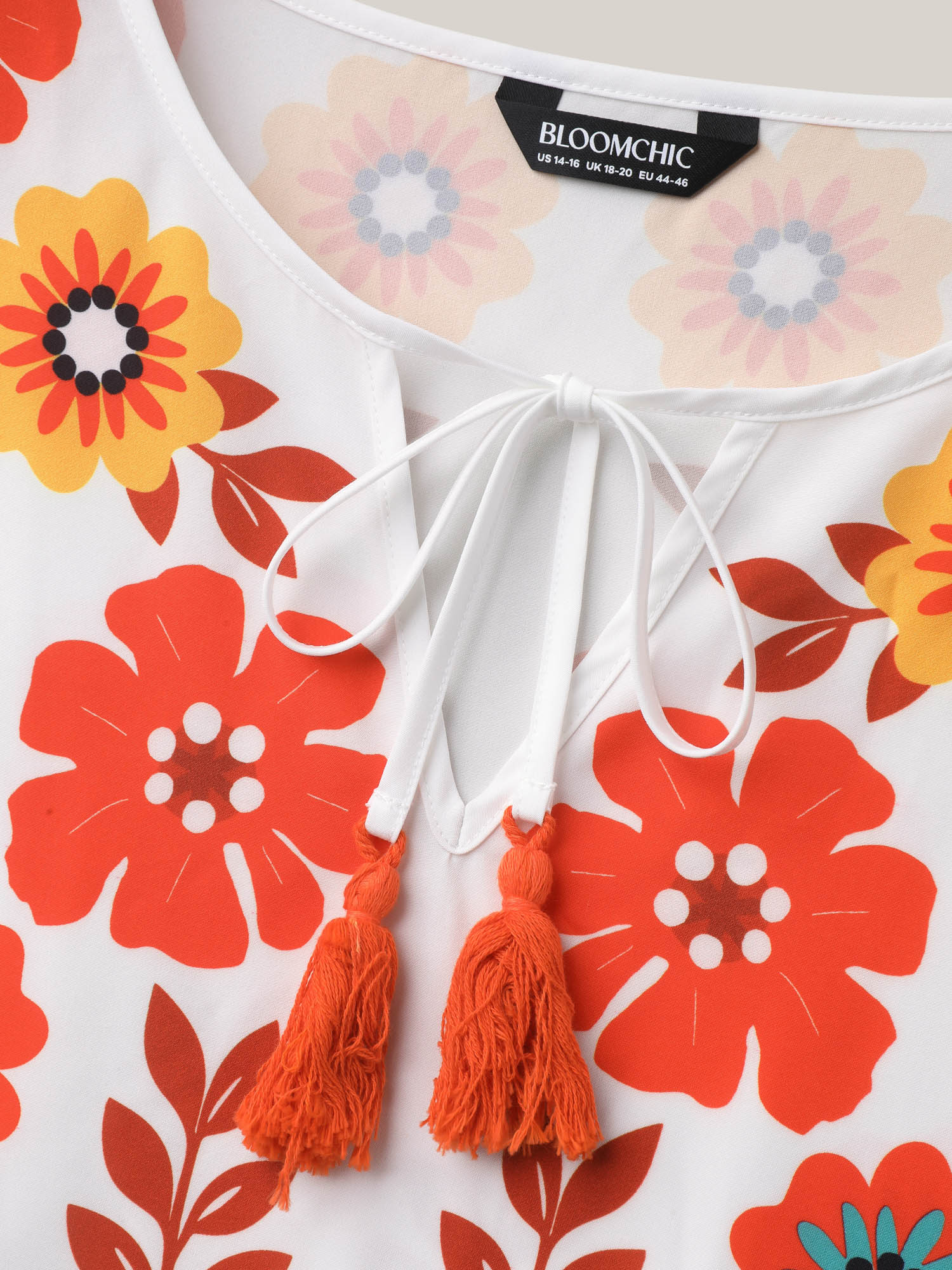 Plus Size WhiteSmoke Floral Print Neck-Tie Babydoll Top Women Resort Short sleeve Non Vacation Blouses BloomChic 28/5X 