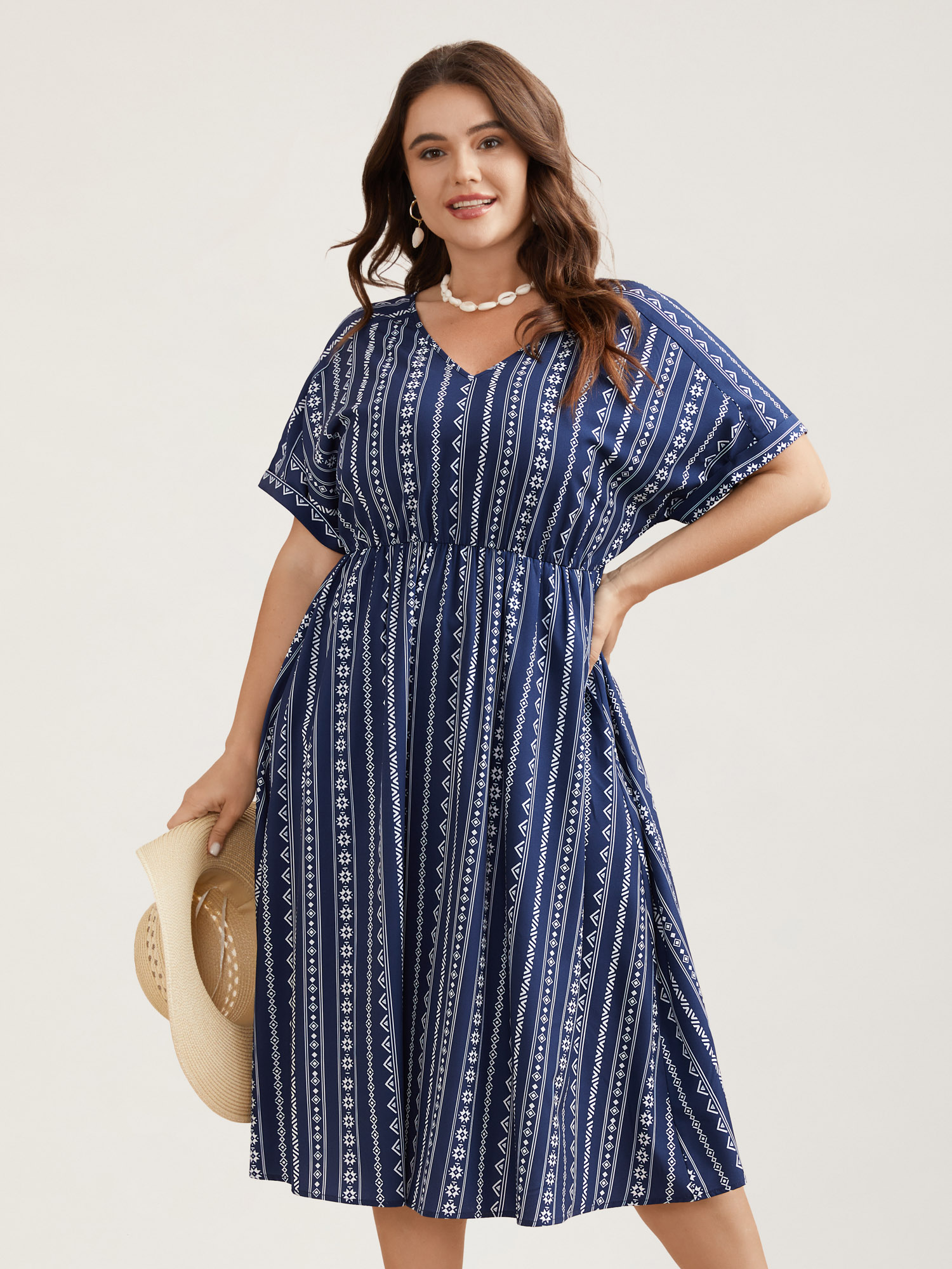 

Plus Size Striped Waist-Cinched Dolman Sleeve Midi Dress DarkBlue Women Resort Gathered V-neck Short sleeve Curvy BloomChic