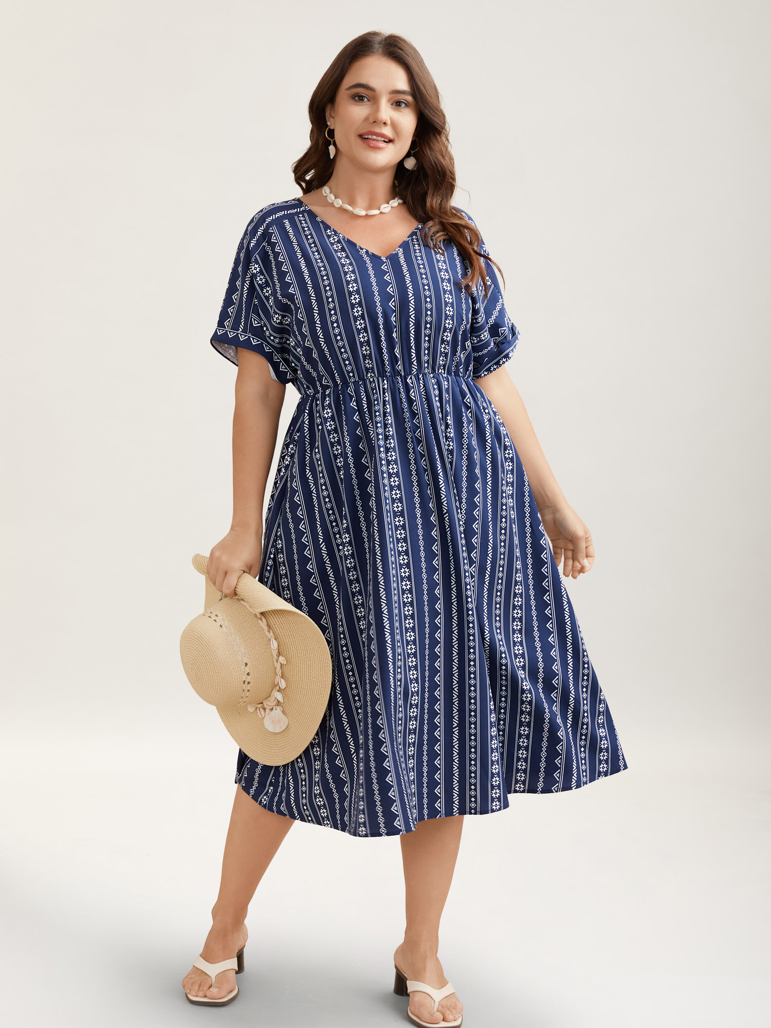 Plus Size Striped Waist-Cinched Dolman Sleeve Midi Dress DarkBlue Women Resort Gathered V-neck Short sleeve Curvy BloomChic 28/5X 