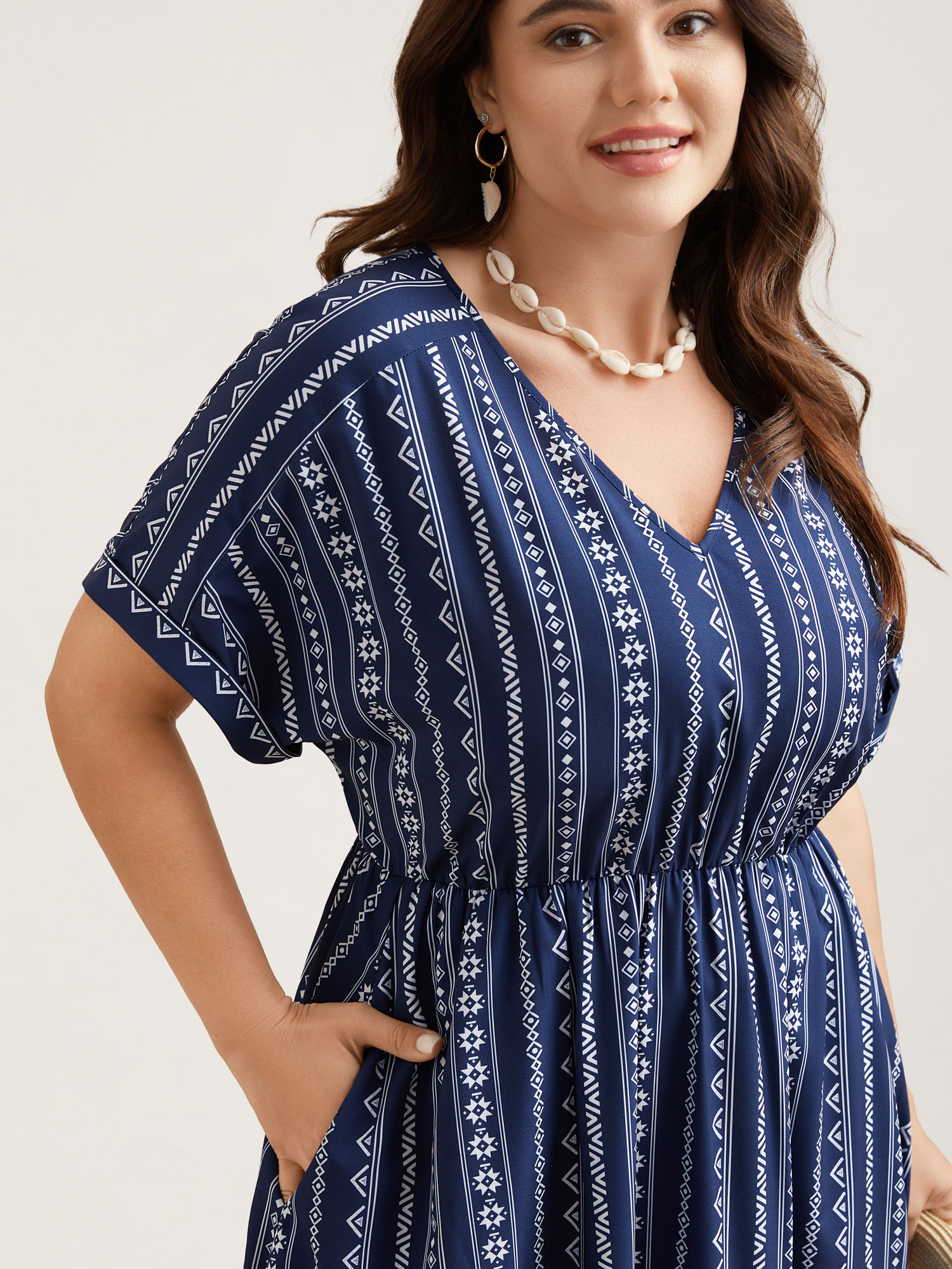 

Plus Size Striped Waist-Cinched Dolman Sleeve Midi Dress DarkBlue Women Resort Gathered V-neck Short sleeve Curvy BloomChic