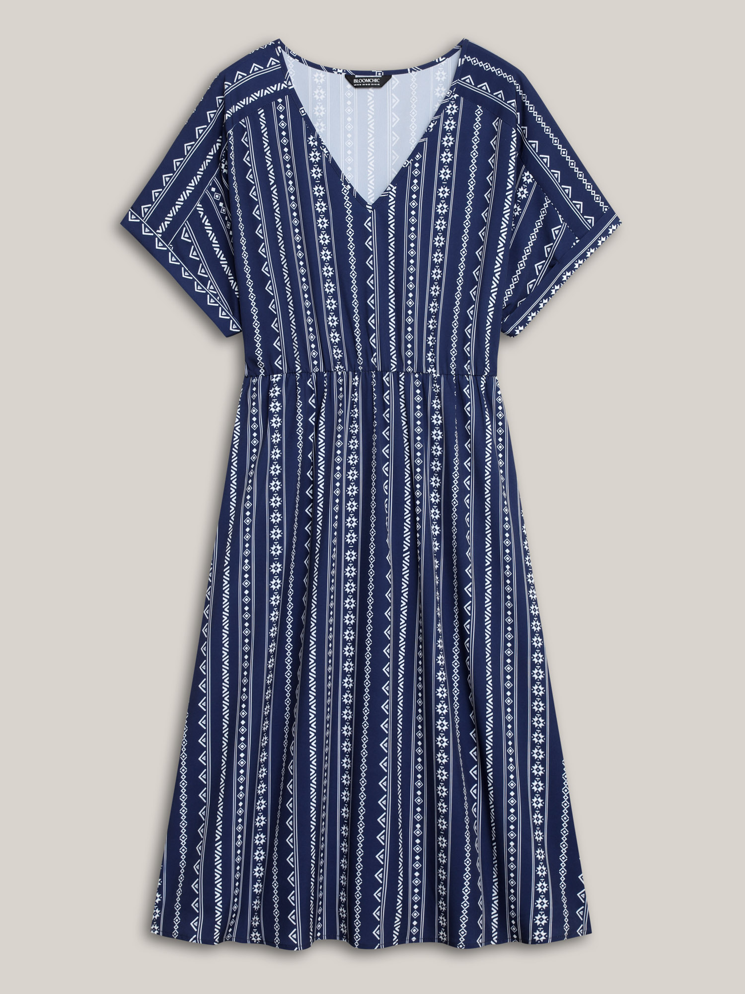 Plus Size Striped Waist-Cinched Dolman Sleeve Midi Dress DarkBlue Women Resort Gathered V-neck Short sleeve Curvy BloomChic 28/5X 