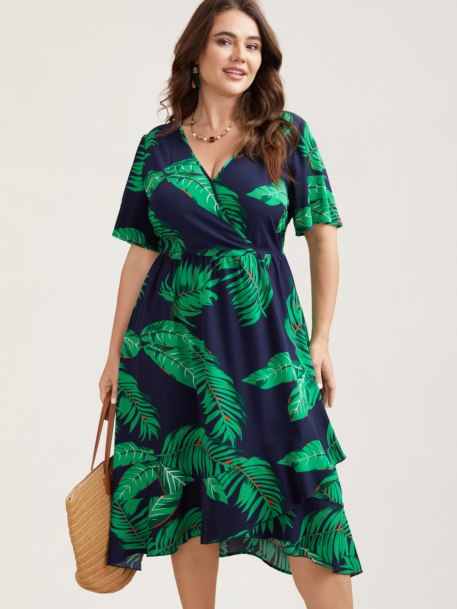 

Plus Size Tropical Leaf Print Surplice Neck Midi Dress DarkBlue Women Resort Overlapping Overlap Collar Short sleeve Curvy BloomChic