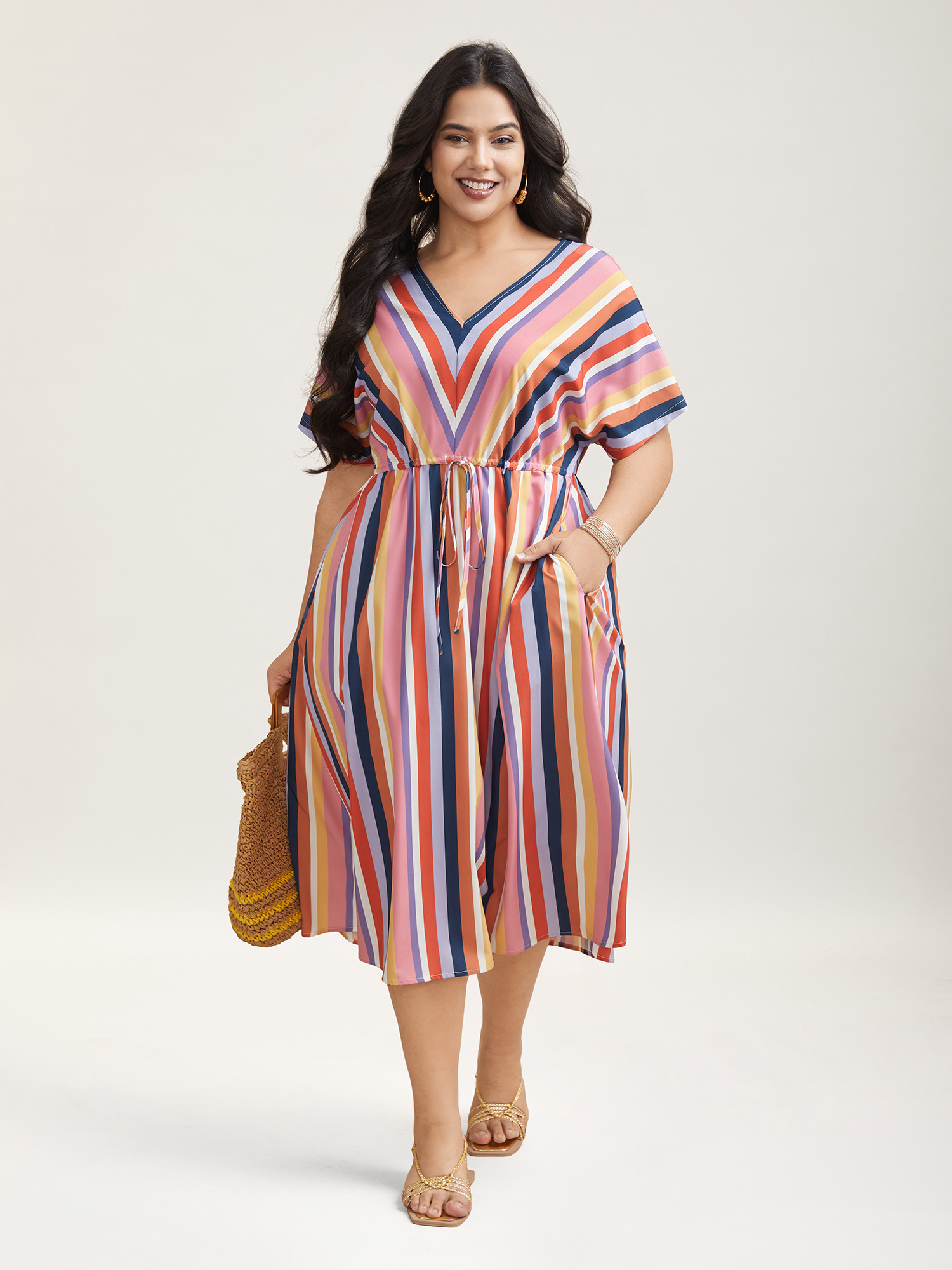 Plus Size Striped Waist Tie V-Neck Midi Dress Multicolor Women Resort Drawstring V-neck Short sleeve Curvy BloomChic 28/5X 