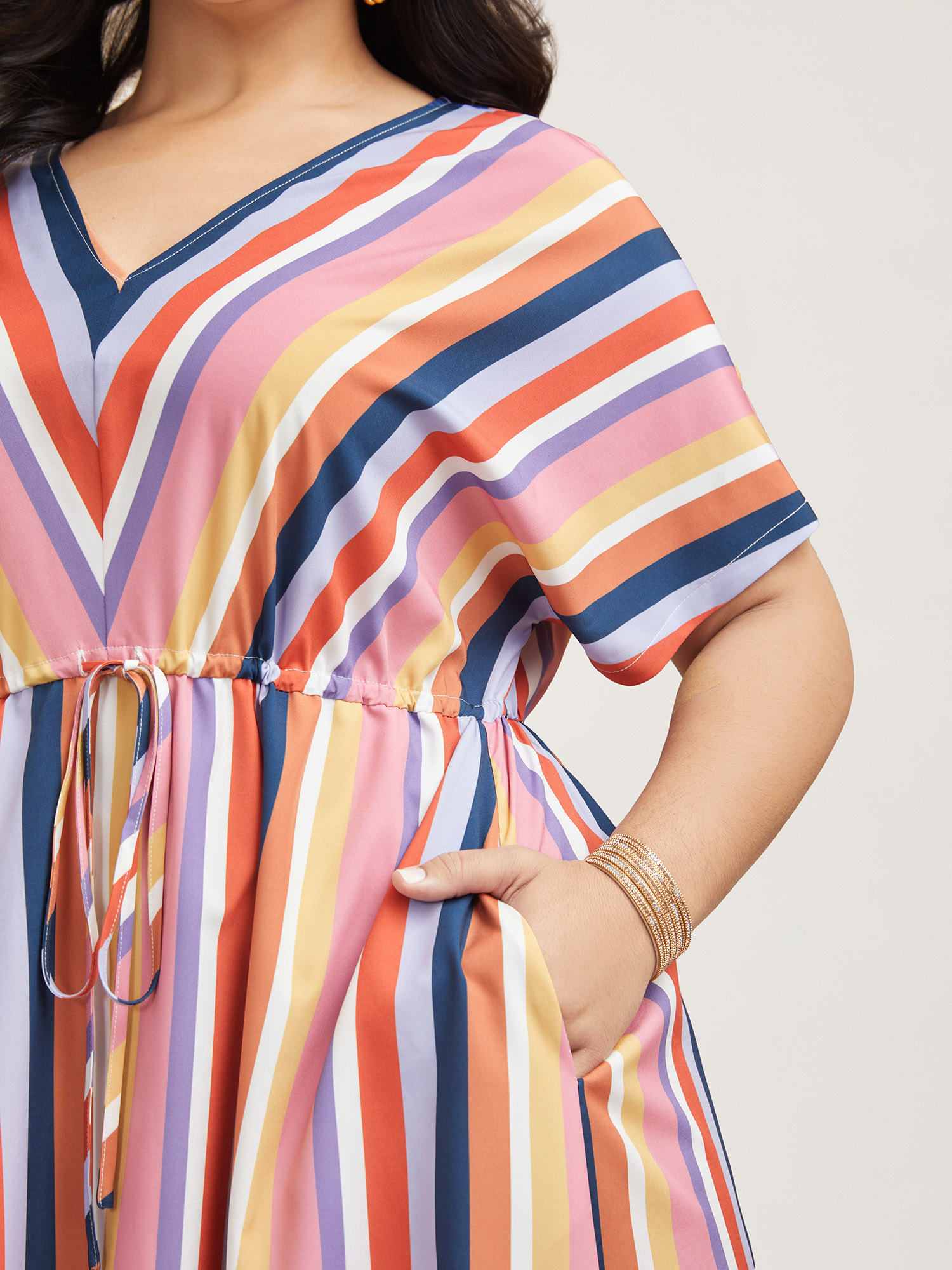 

Plus Size Striped Waist Tie V-Neck Midi Dress Multicolor Women Resort Drawstring V-neck Short sleeve Curvy BloomChic