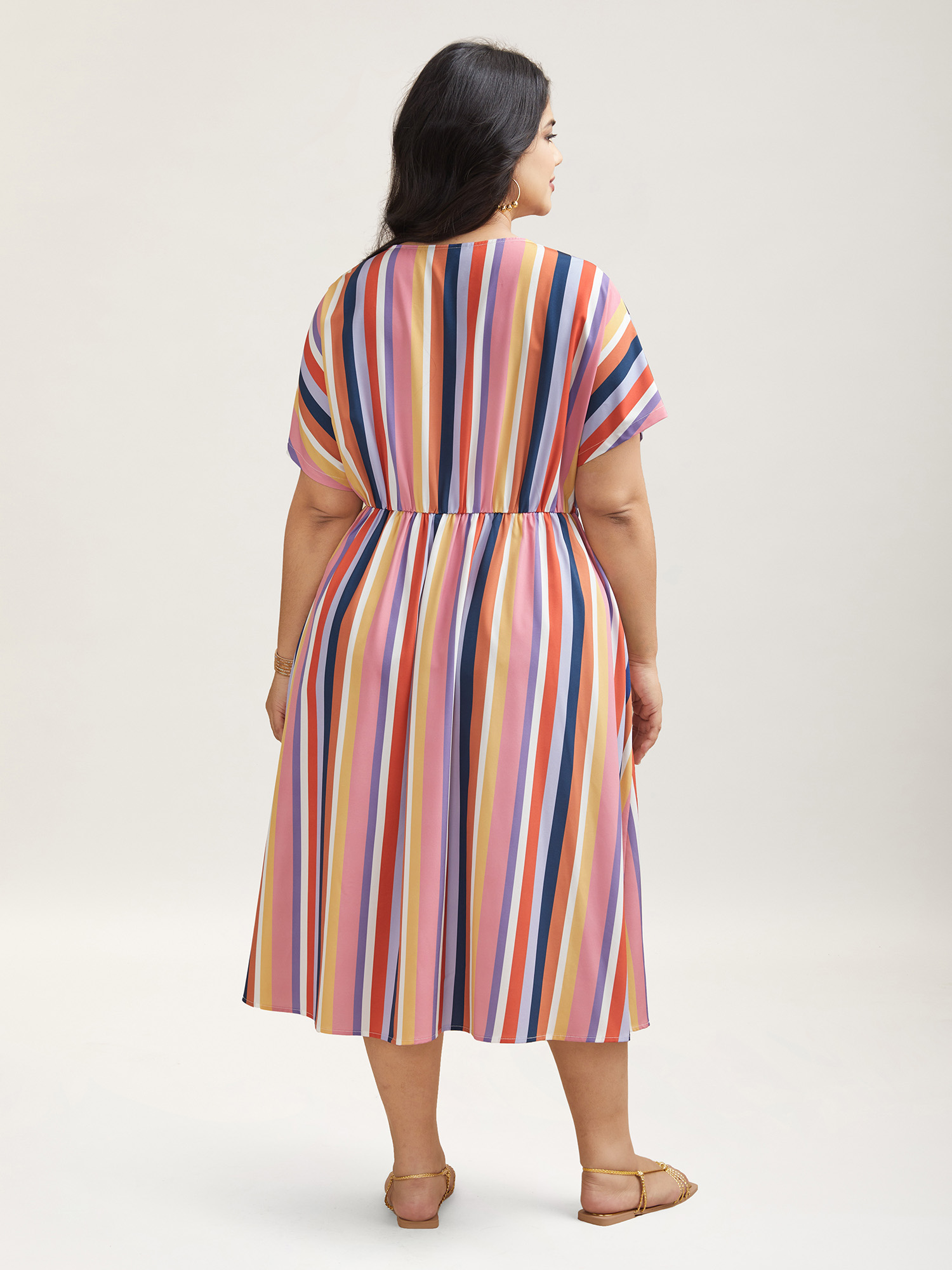 Plus Size Striped Waist Tie V-Neck Midi Dress Multicolor Women Resort Drawstring V-neck Short sleeve Curvy BloomChic 28/5X 