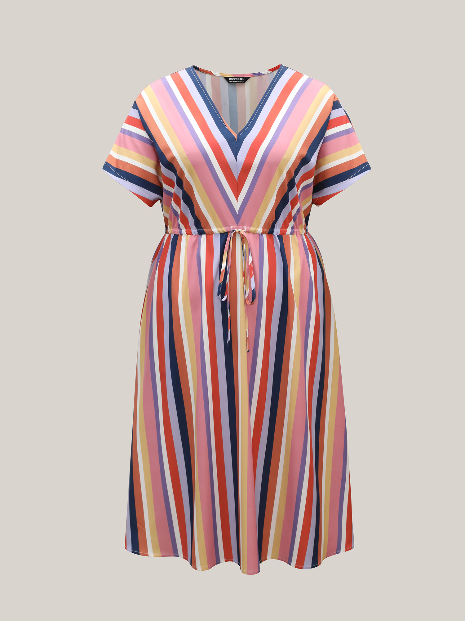 Plus Size Striped Waist Tie V-Neck Midi Dress Multicolor Women Resort Drawstring V-neck Short sleeve Curvy BloomChic 28/5X 