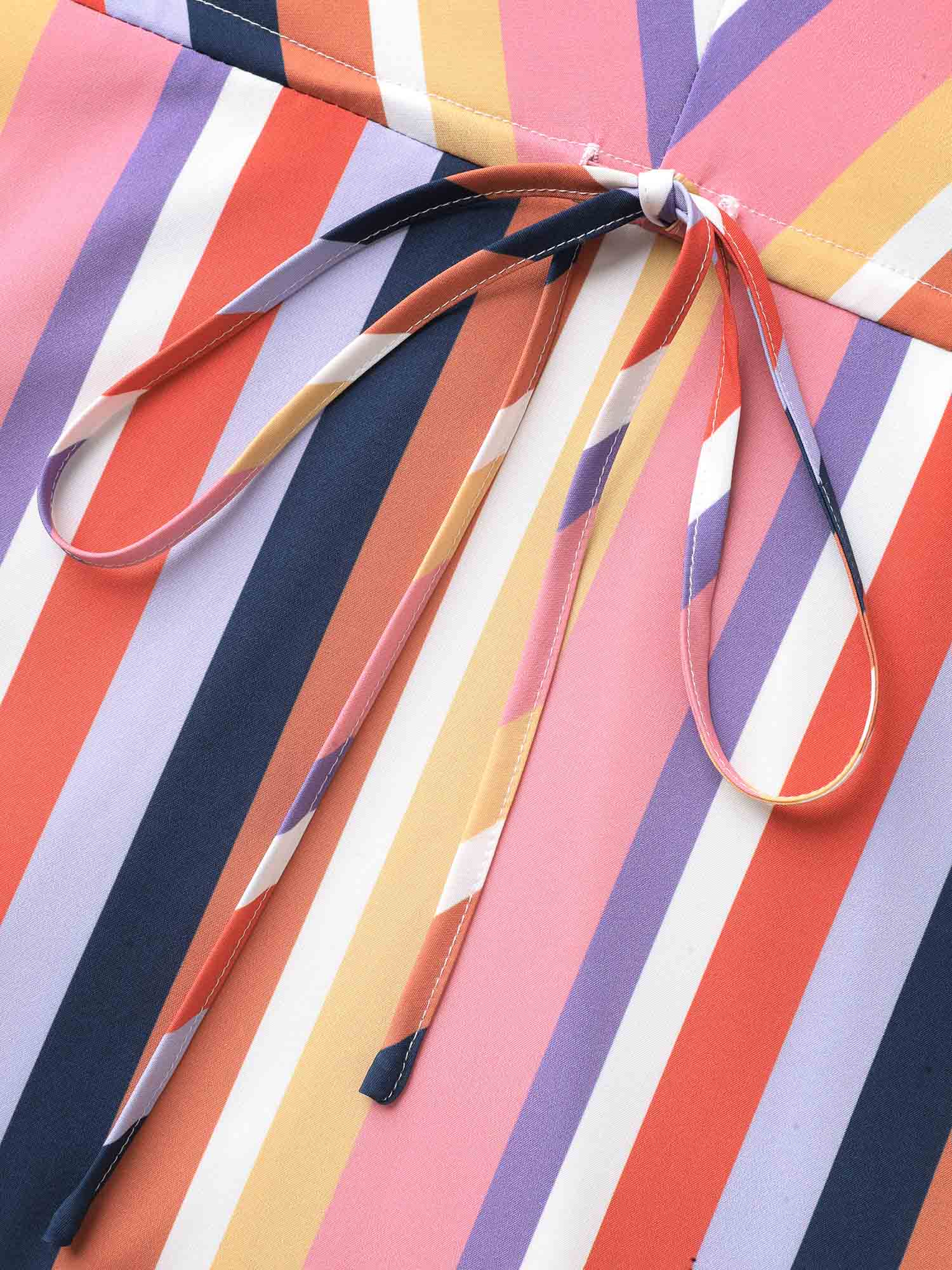 Plus Size Striped Waist Tie V-Neck Midi Dress Multicolor Women Resort Drawstring V-neck Short sleeve Curvy BloomChic 28/5X 