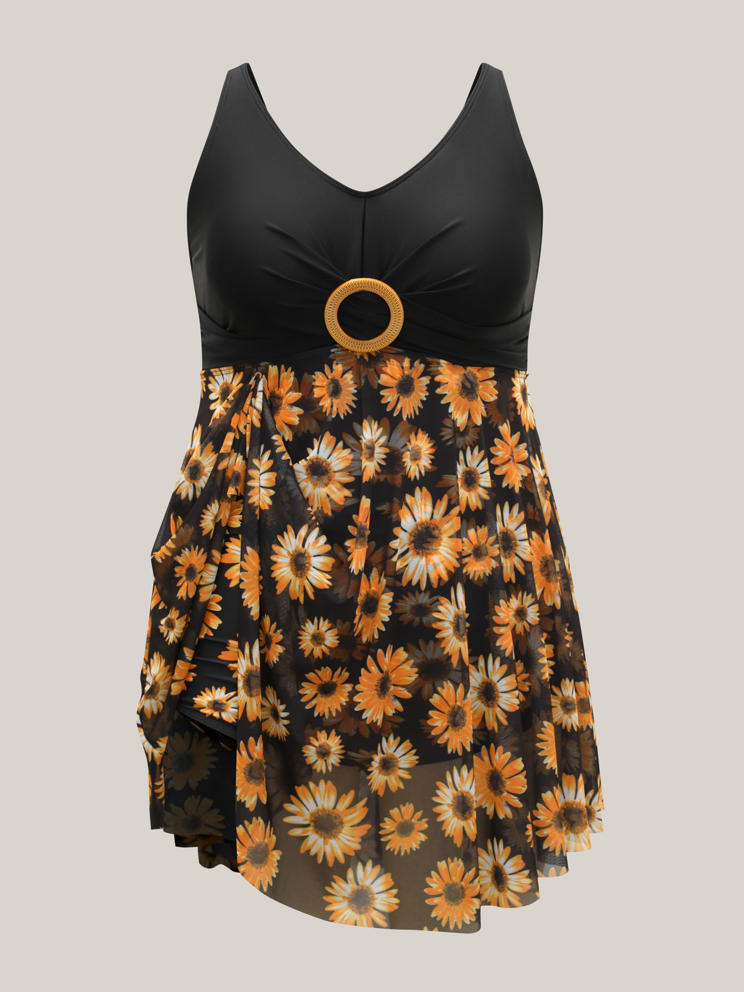 Plus Size Sunflower Pattern Mesh Contrast Swim Dress Women`s Swimwear Black Beach Bodycon U-neck High stretch Curve Swim Dresses BloomChic 14-16/1X 