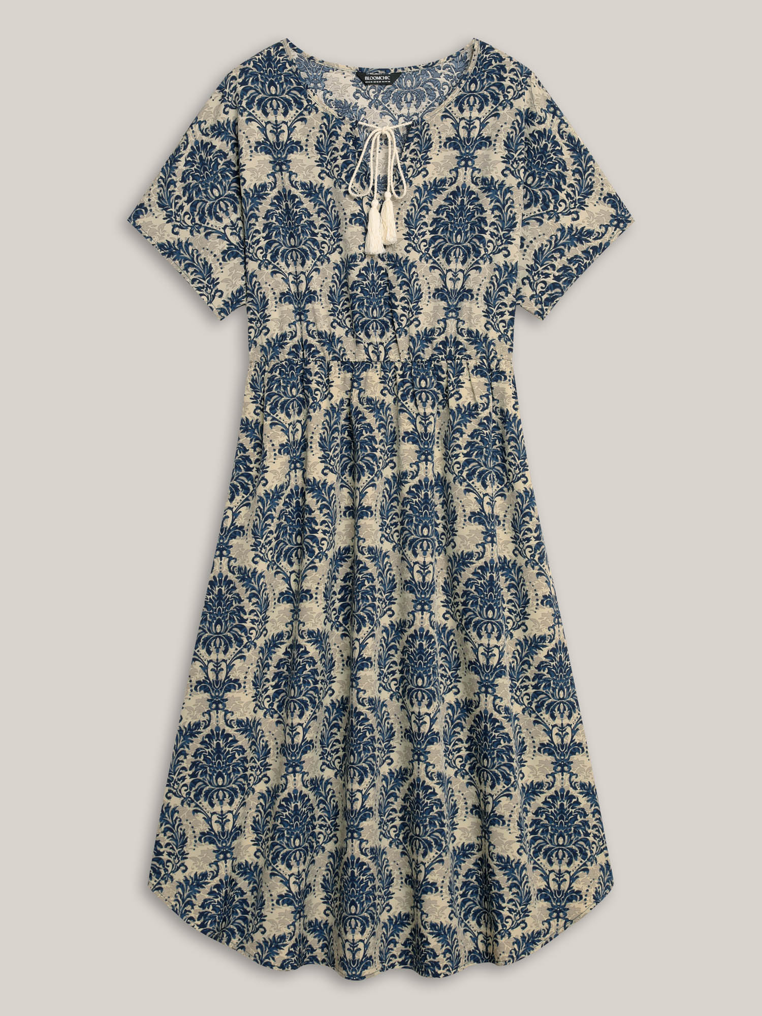 Plus Size Ornate Print Curvy Hem Tied Maxi Dress Navy Women Resort Tie knot V-neck Short sleeve Curvy BloomChic 12/L 