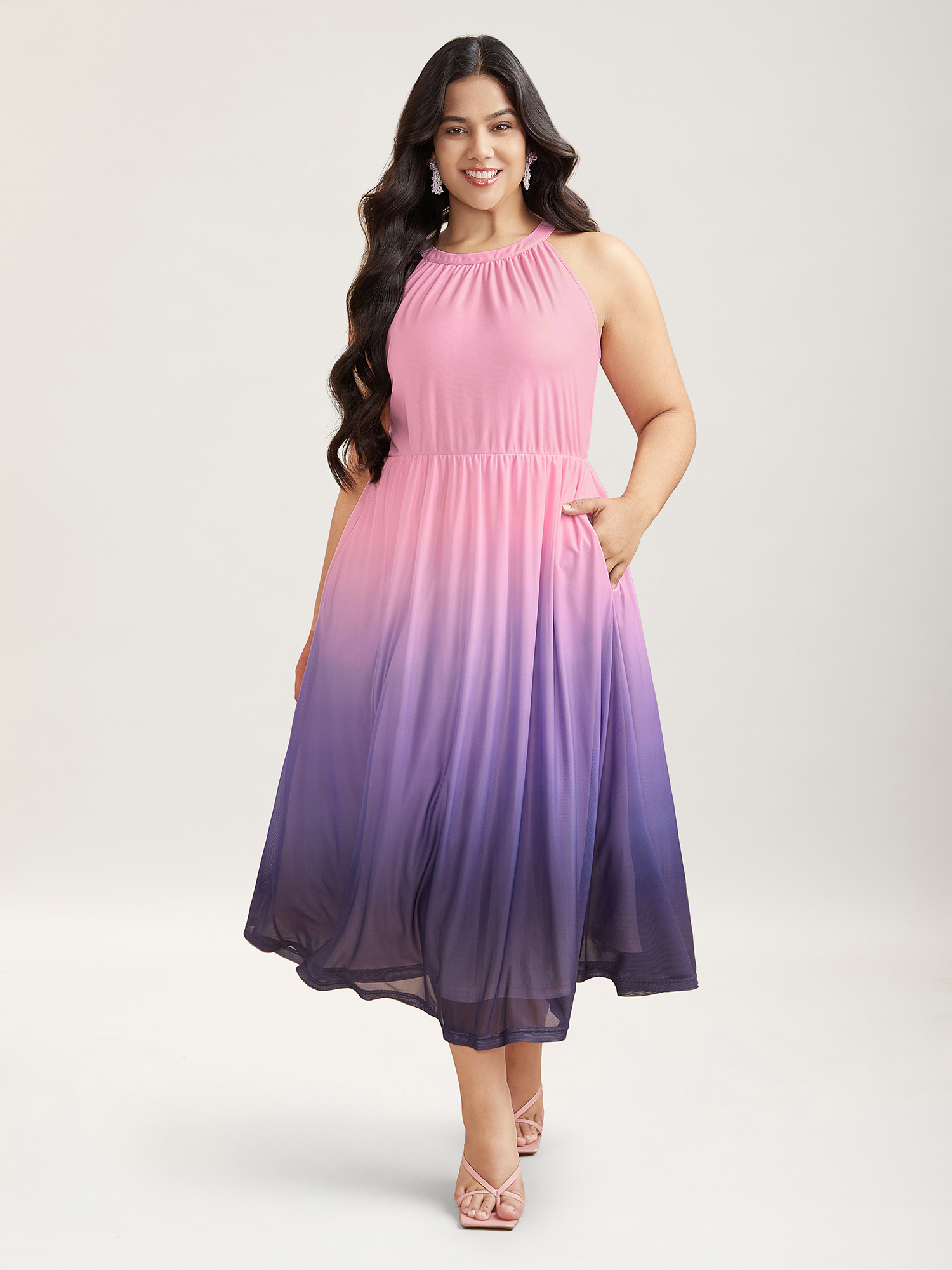 Plus Size Chiffon Ombre Gradient Halter Neck Dress Multicolor Women Elegant Gathered Round Neck Sleeveless Curvy BloomChic 12/L 