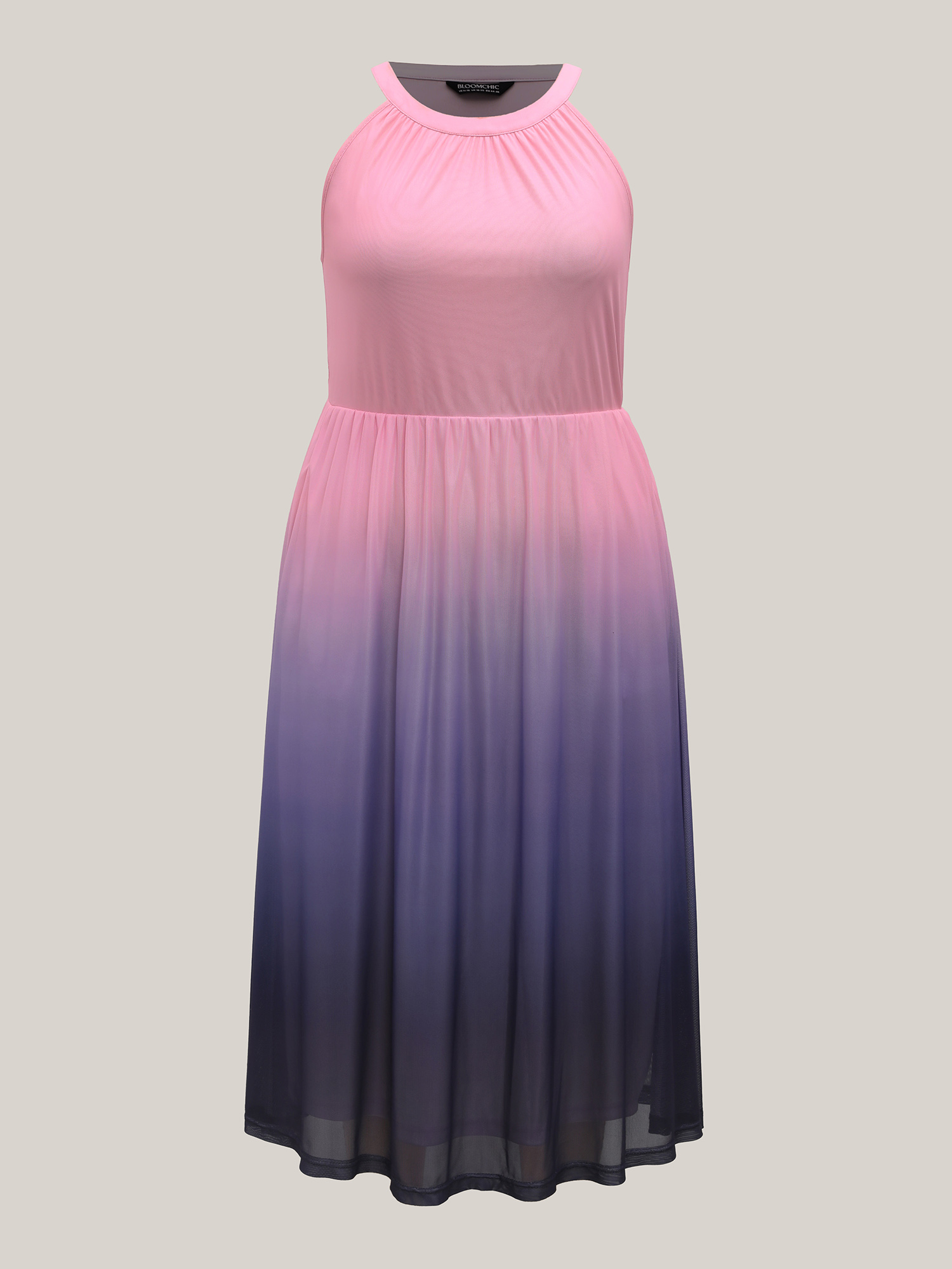 Plus Size Chiffon Ombre Gradient Halter Neck Dress Multicolor Women Elegant Gathered Round Neck Sleeveless Curvy BloomChic 12/L 