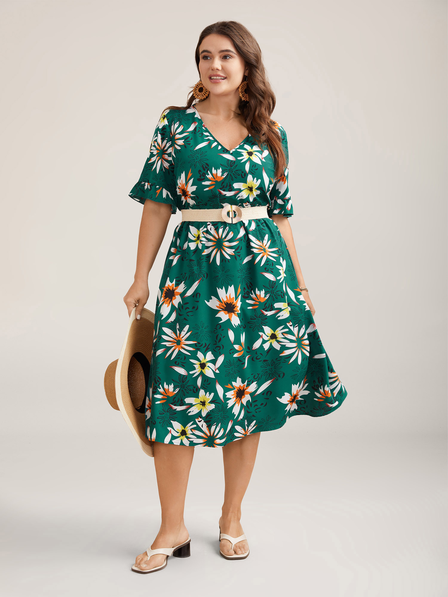 

Plus Size Spring Floral Print Pockets Ruffled Midi Dress Emerald Women Resort Ruffles V-neck Short sleeve Curvy BloomChic