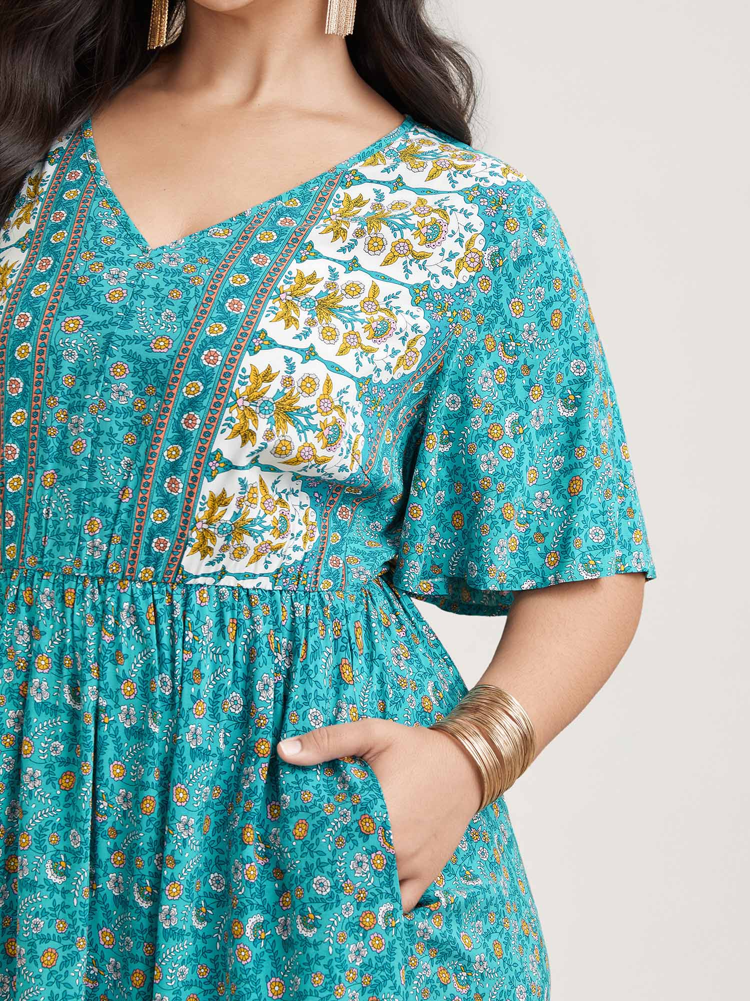 Plus Size Boho Floral Print V-Neck Maxi Dress Cerulean Women Resort Non V-neck Half Sleeve Curvy BloomChic 12/L 