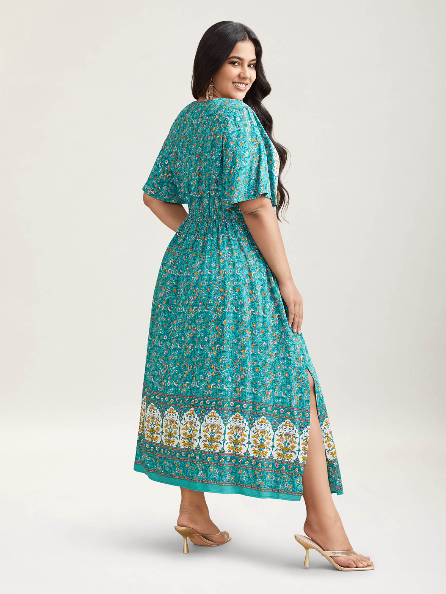 Plus Size Boho Floral Print V-Neck Maxi Dress Cerulean Women Resort Non V-neck Half Sleeve Curvy BloomChic 12/L 