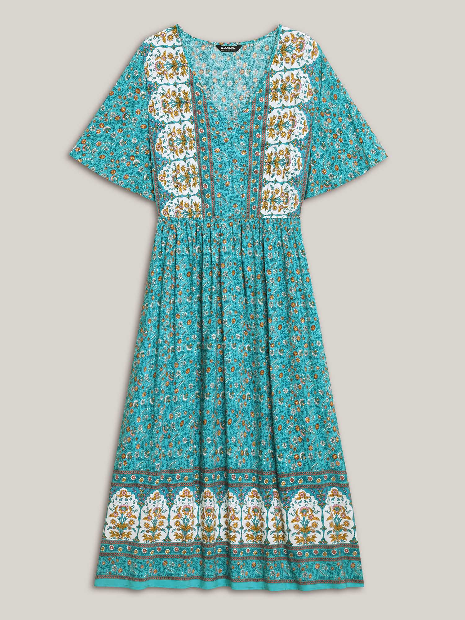 Plus Size Boho Floral Print V-Neck Maxi Dress Cerulean Women Resort Non V-neck Half Sleeve Curvy BloomChic 12/L 