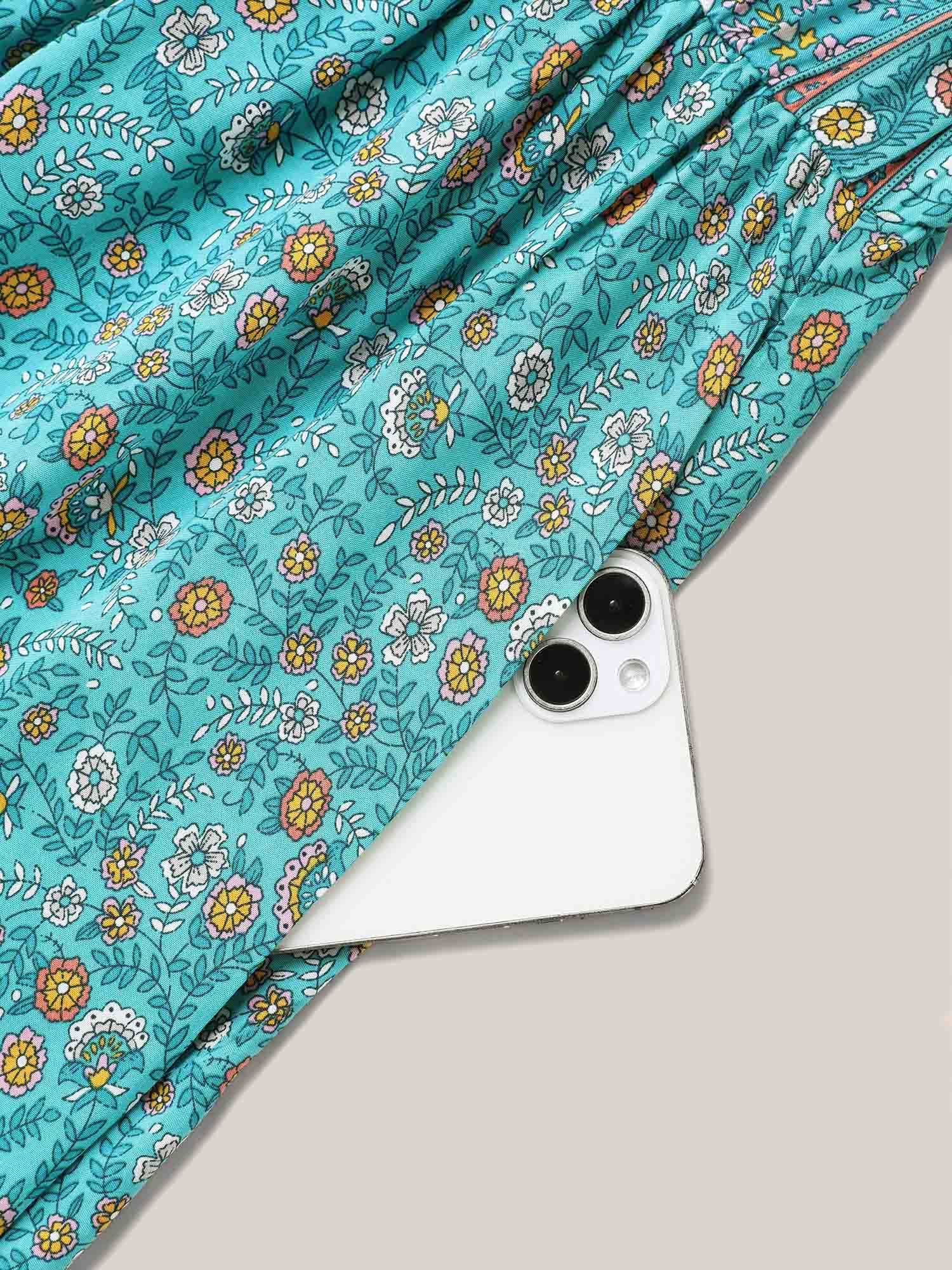 Plus Size Boho Floral Print V-Neck Maxi Dress Cerulean Women Resort Non V-neck Half Sleeve Curvy BloomChic 12/L 