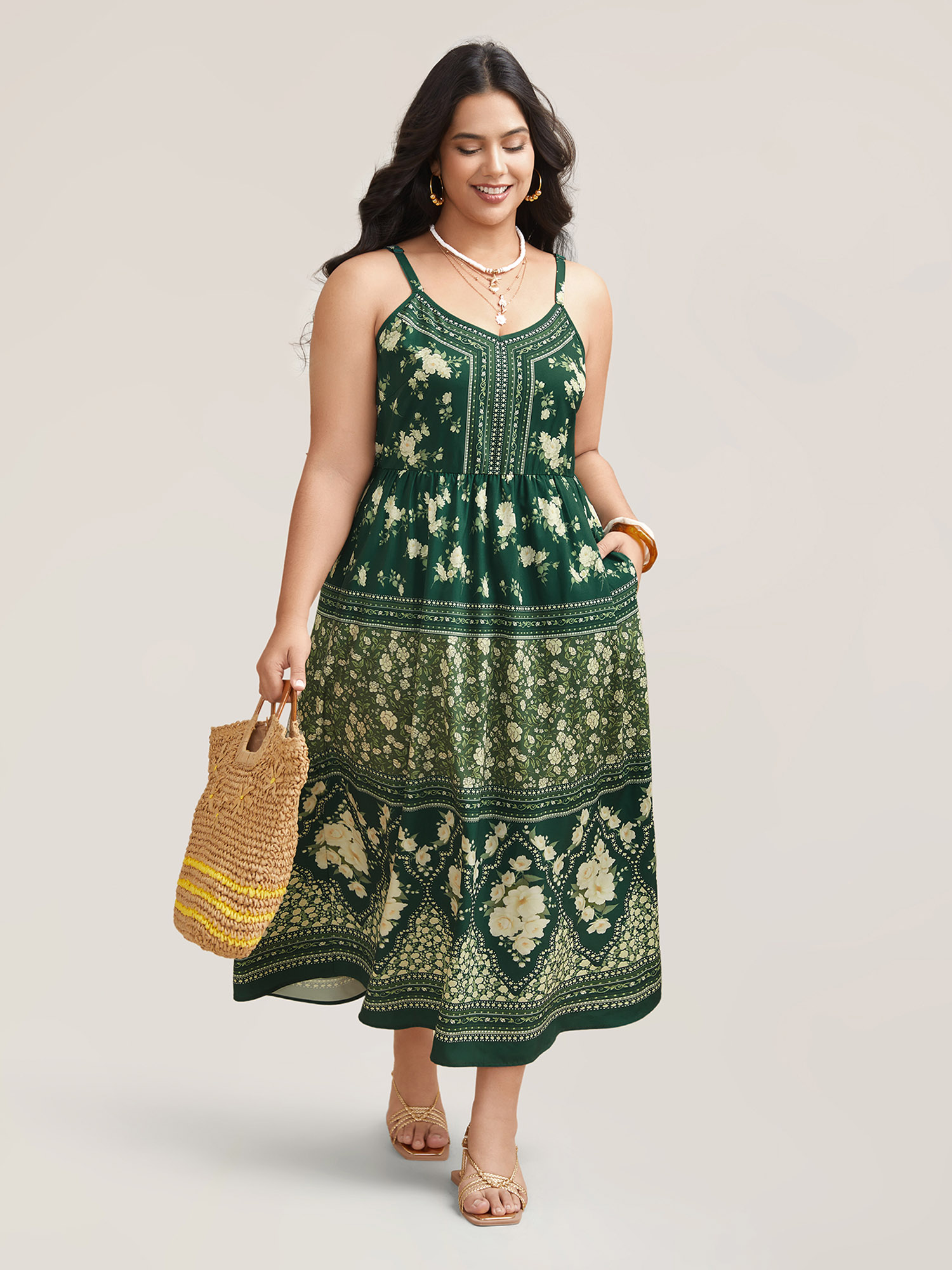 Plus Size Floral Print Off Sleeve Pockets Midi Dress DarkGreen Women Resort Non V-neck Sleeveless Curvy BloomChic 18-20/2X 
