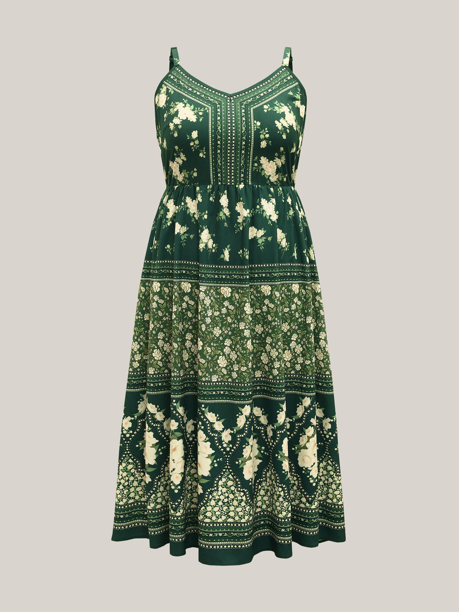 Plus Size Floral Print Off Sleeve Pockets Midi Dress DarkGreen Women Resort Non V-neck Sleeveless Curvy BloomChic 18-20/2X 