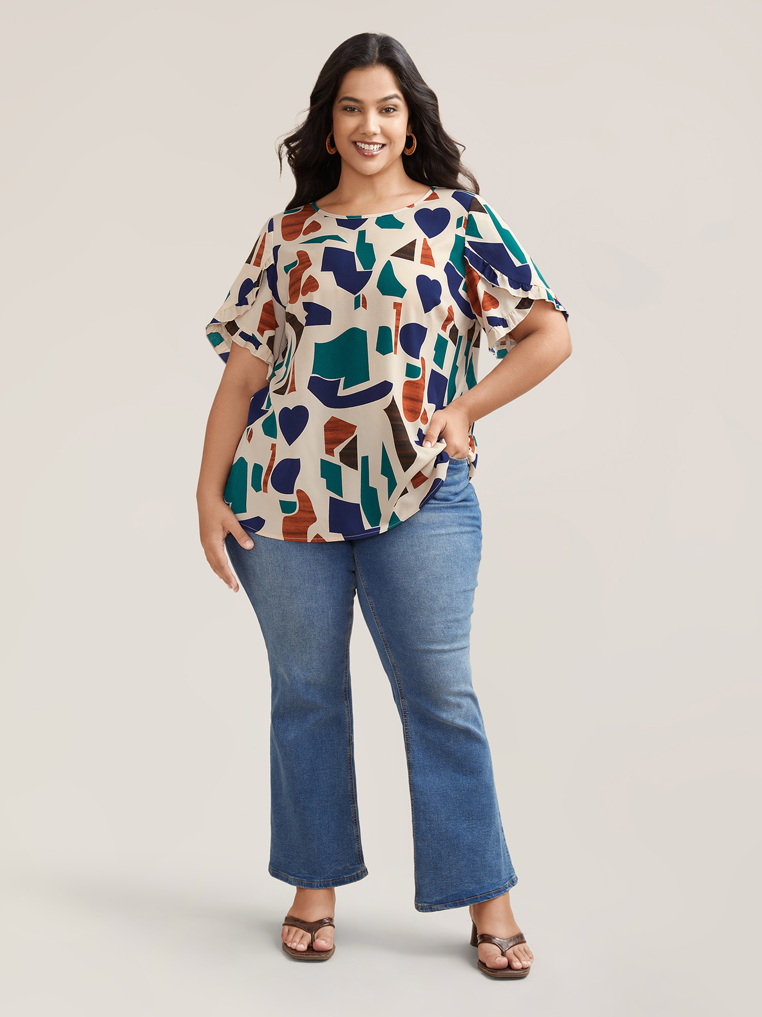 Plus Size Apricot Abstract Print Round Neck Half Sleeve Shirt Women Resort Short sleeve Round Neck Vacation Blouses BloomChic 22-24/3X 
