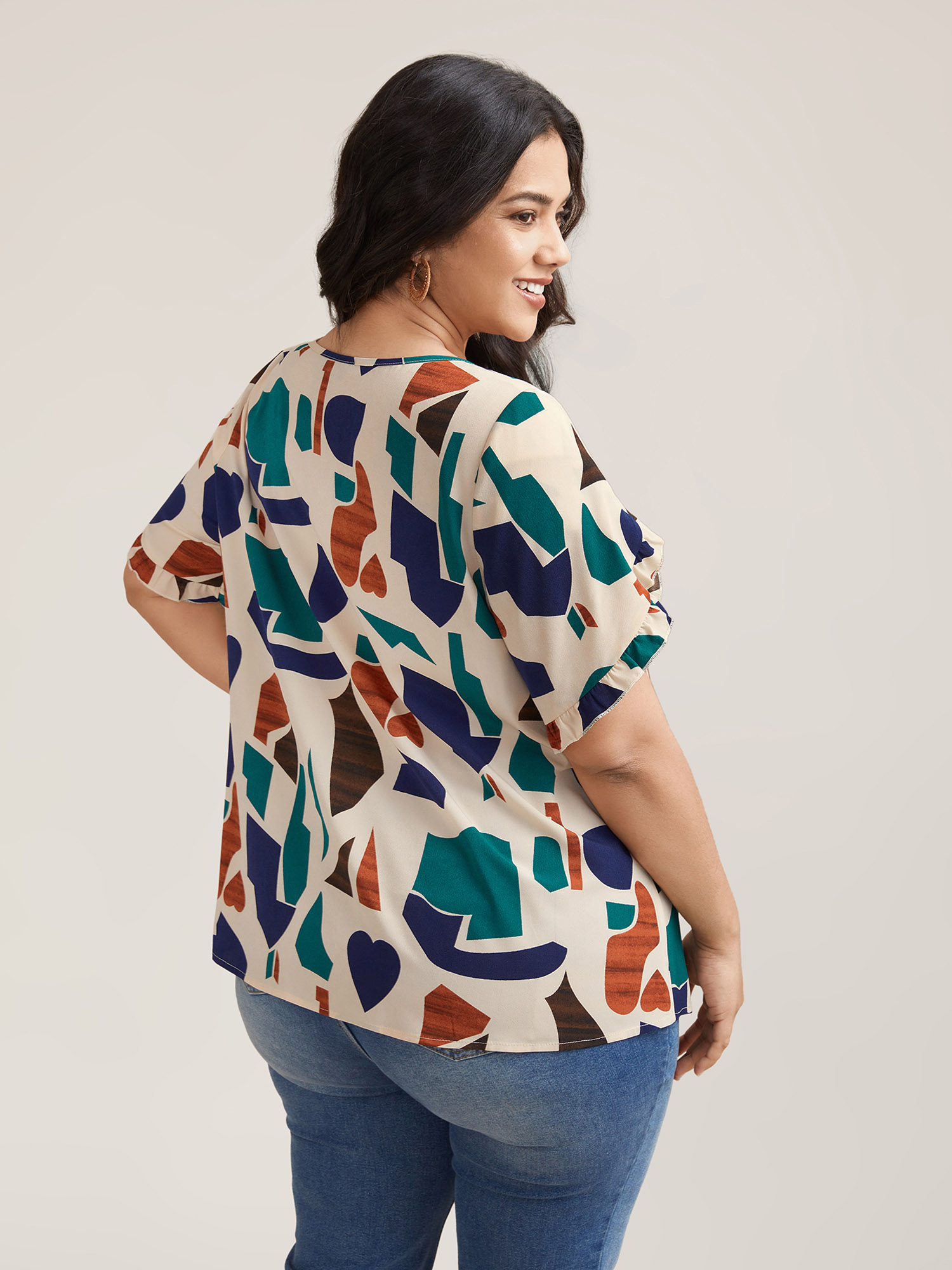Plus Size Apricot Abstract Print Round Neck Half Sleeve Shirt Women Resort Short sleeve Round Neck Vacation Blouses BloomChic 22-24/3X 
