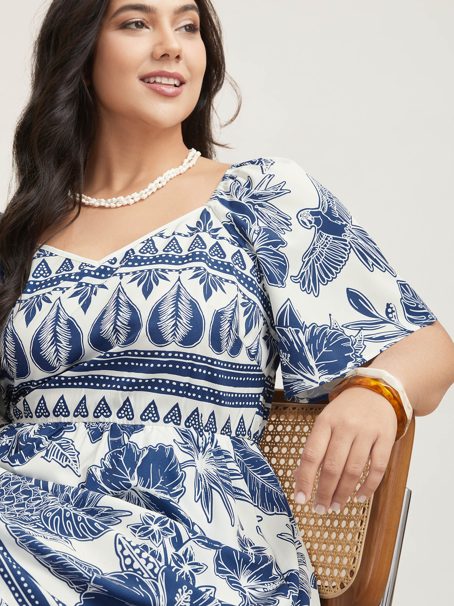 Plus Size Boho Print Fit Flare Pockets Midi Dress DarkBlue Women Resort Non Heart neckline Short sleeve Curvy BloomChic 14-16/1X 
