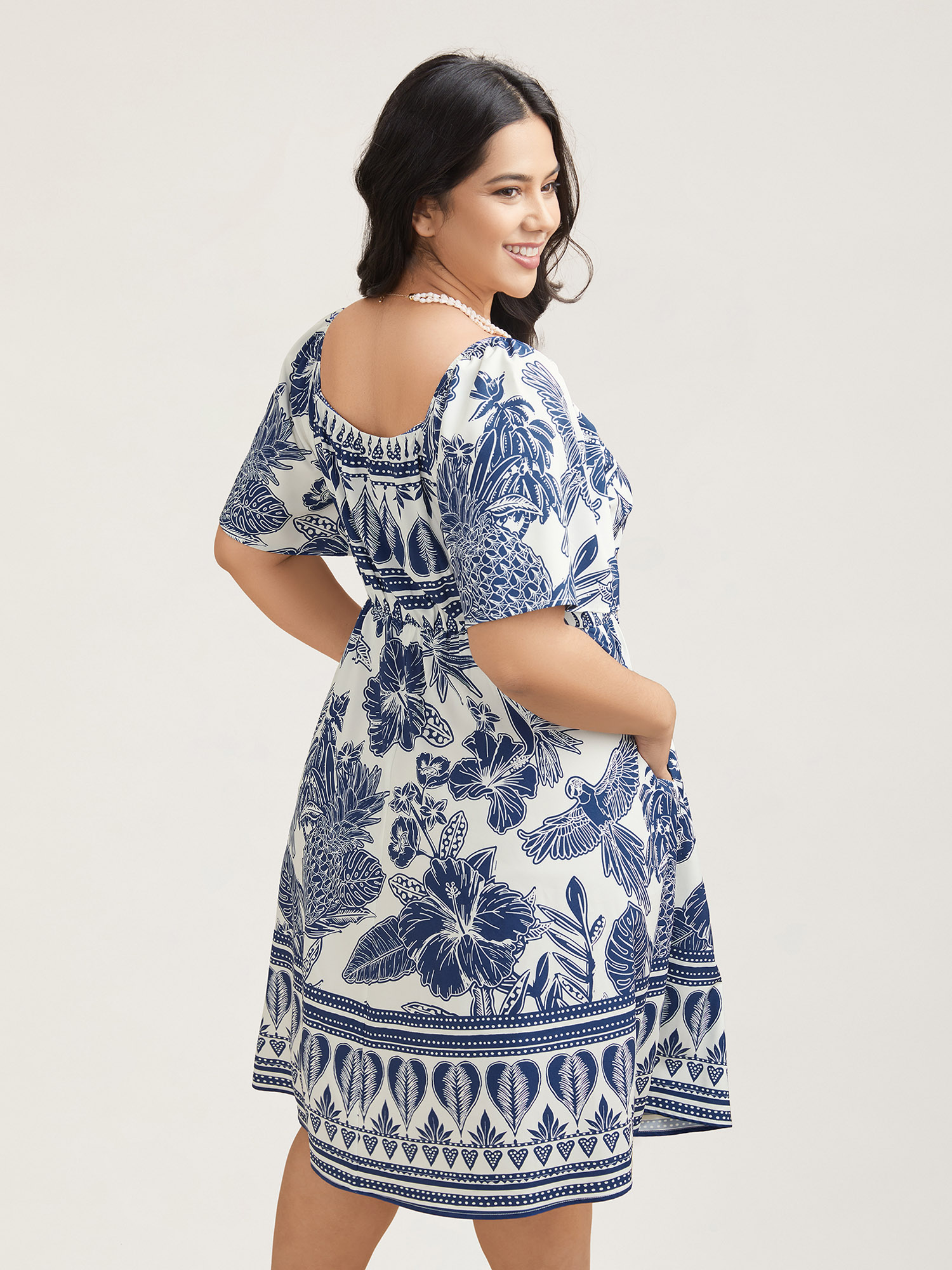 Plus Size Boho Print Fit Flare Pockets Midi Dress DarkBlue Women Resort Non Heart neckline Short sleeve Curvy BloomChic 14-16/1X 