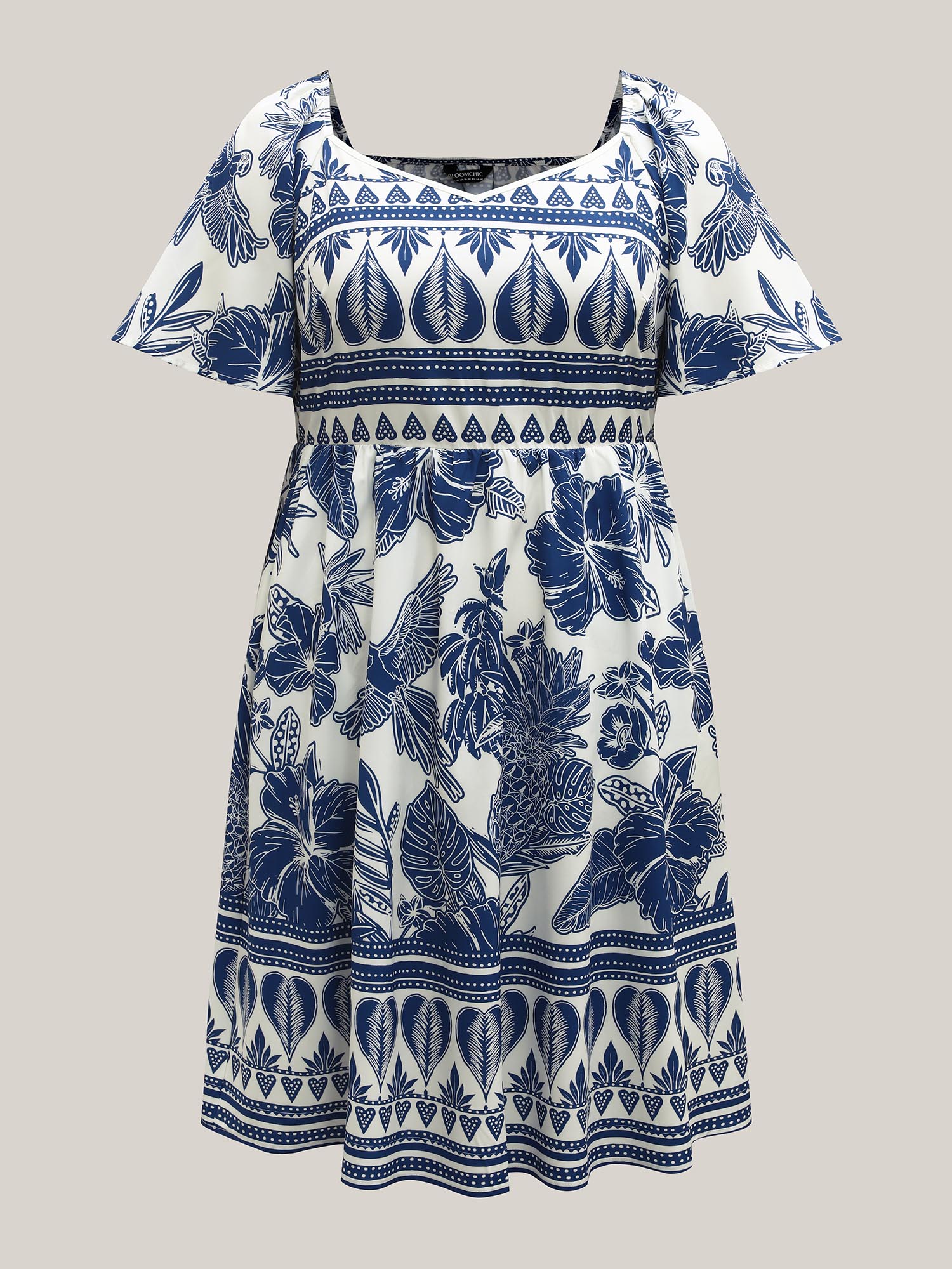 Plus Size Boho Print Fit Flare Pockets Midi Dress DarkBlue Women Resort Non Heart neckline Short sleeve Curvy BloomChic 14-16/1X 