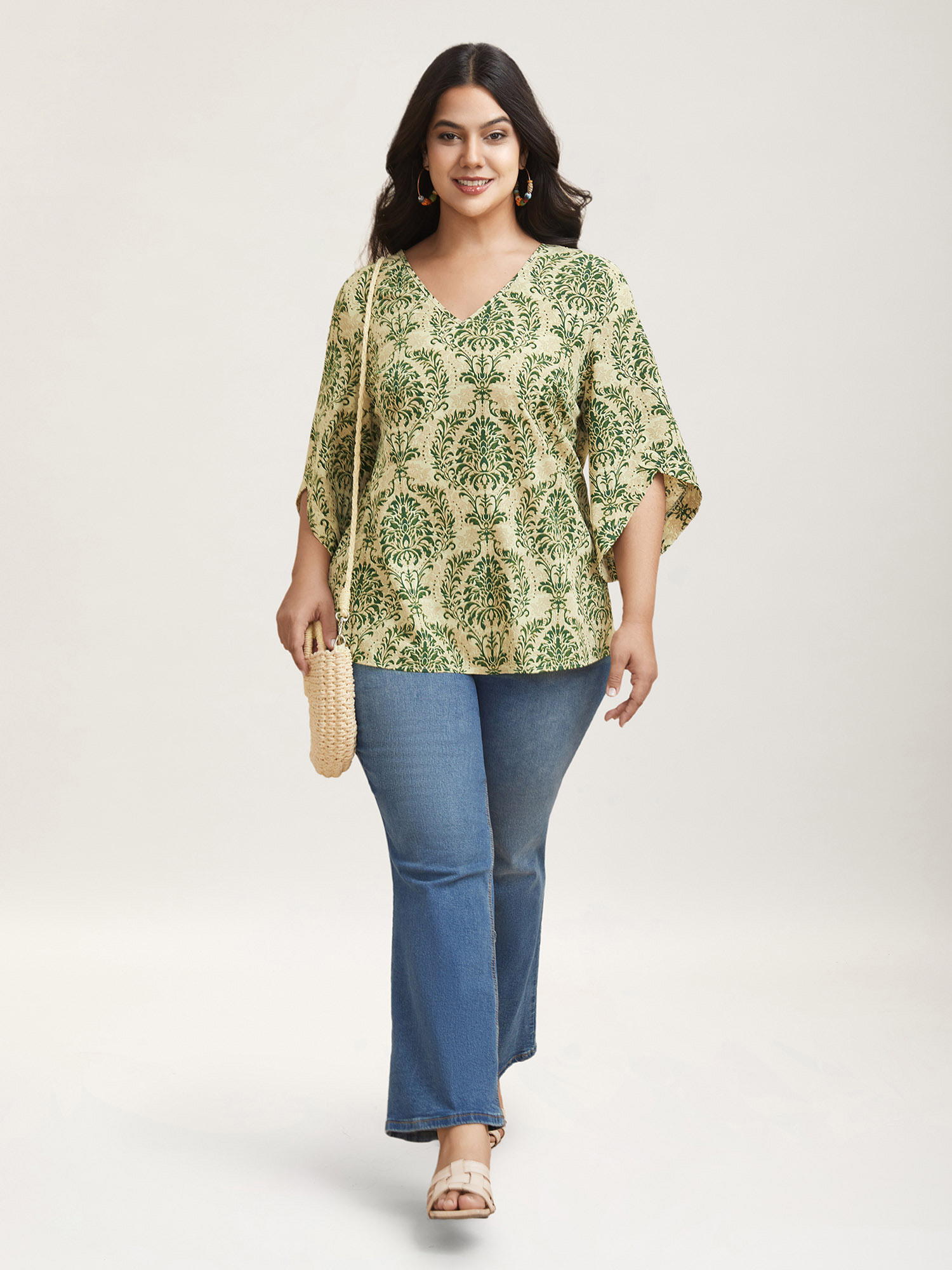 Plus Size Moss Damask Print Flared Sleeve V-Neck Shirt Women Resort Elbow-length sleeve V-neck Vacation Blouses BloomChic 14-16/1X 
