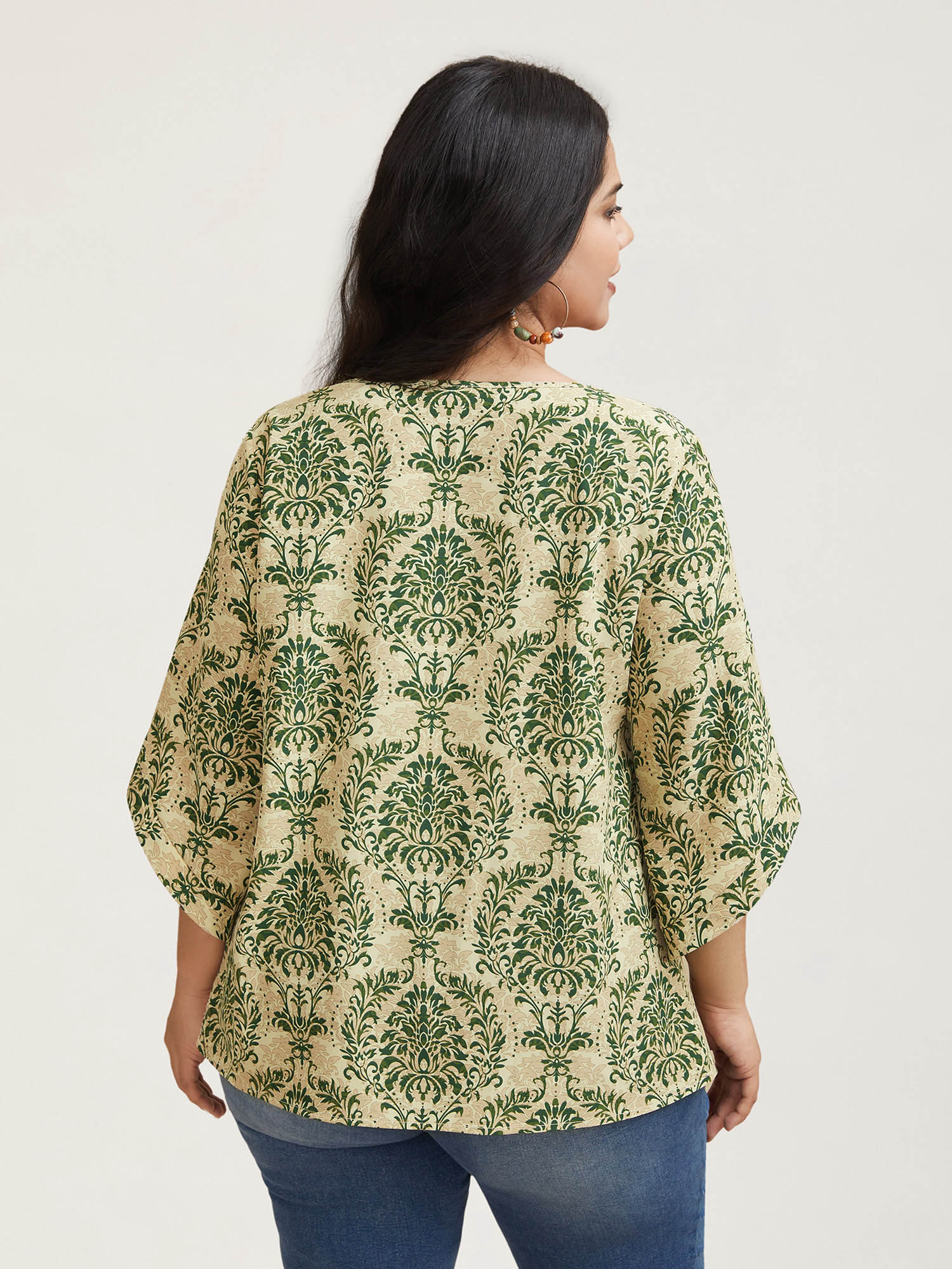 Plus Size Moss Damask Print Flared Sleeve V-Neck Shirt Women Resort Elbow-length sleeve V-neck Vacation Blouses BloomChic 14-16/1X 