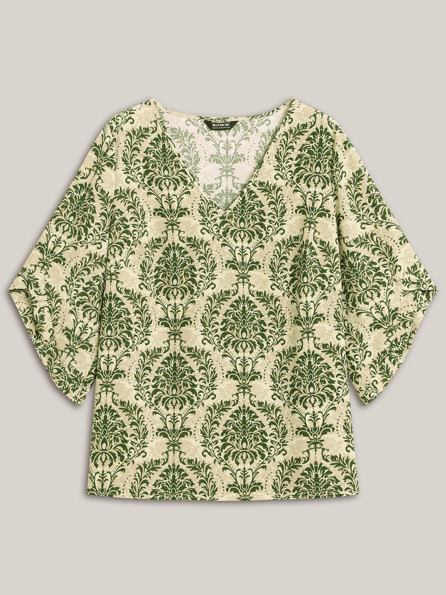 Plus Size Moss Damask Print Flared Sleeve V-Neck Shirt Women Resort Elbow-length sleeve V-neck Vacation Blouses BloomChic 14-16/1X 