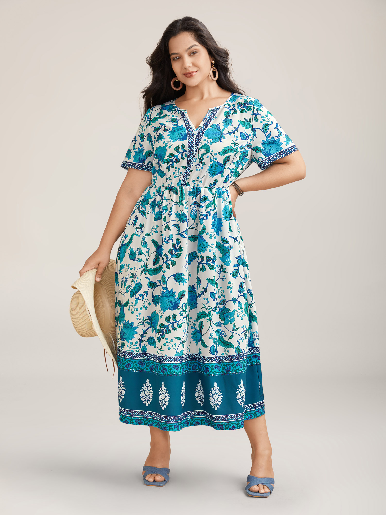 

Plus Size Boho Print Notched Collar Midi Dress Teal Women Resort Non Flat collar with V-notch Short sleeve Curvy BloomChic