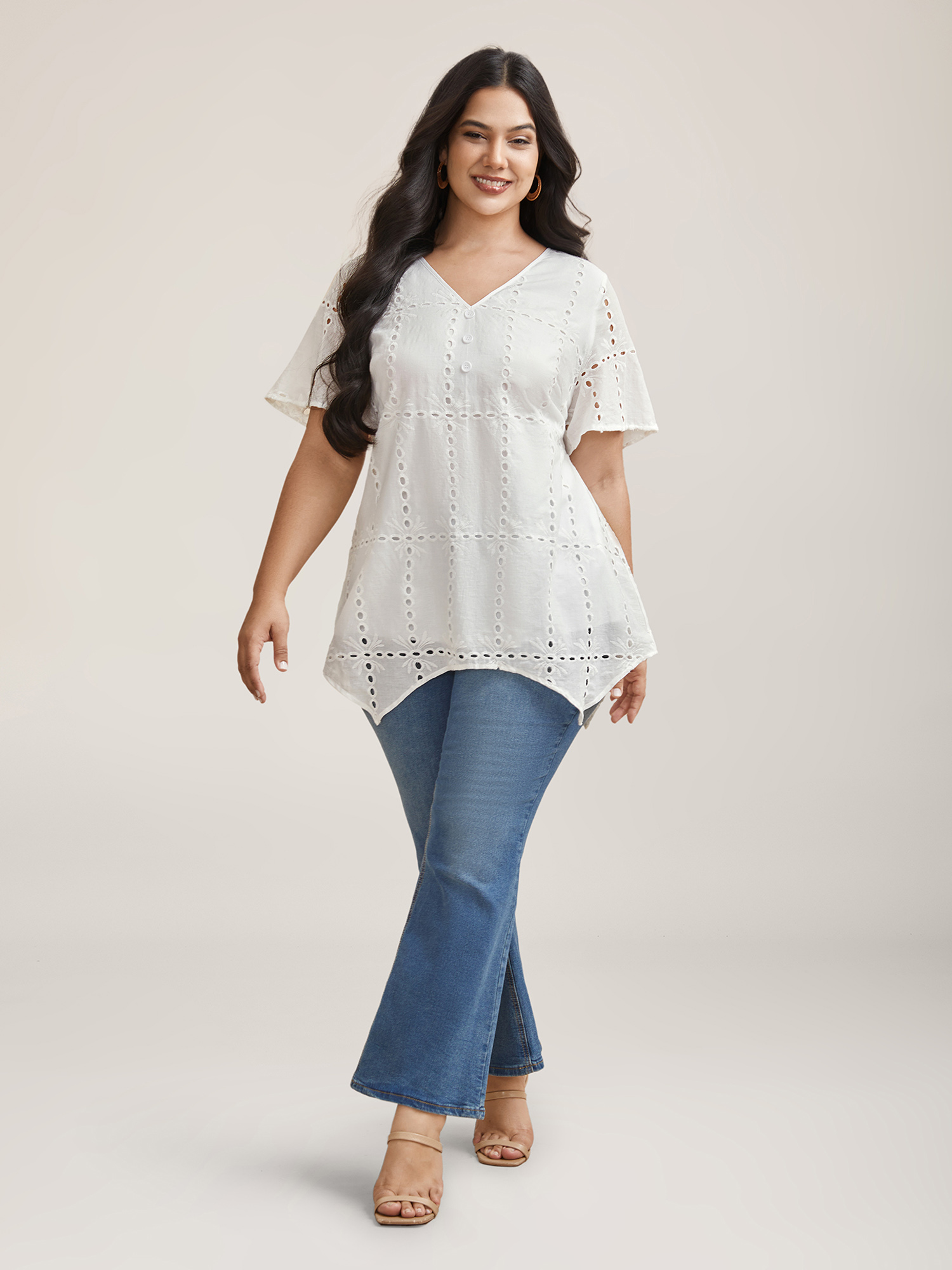 Plus Size Originalwhite Cotton Embroidered V-Neck Shirt Women Resort Short sleeve V-neck Vacation Blouses BloomChic 26/4X 