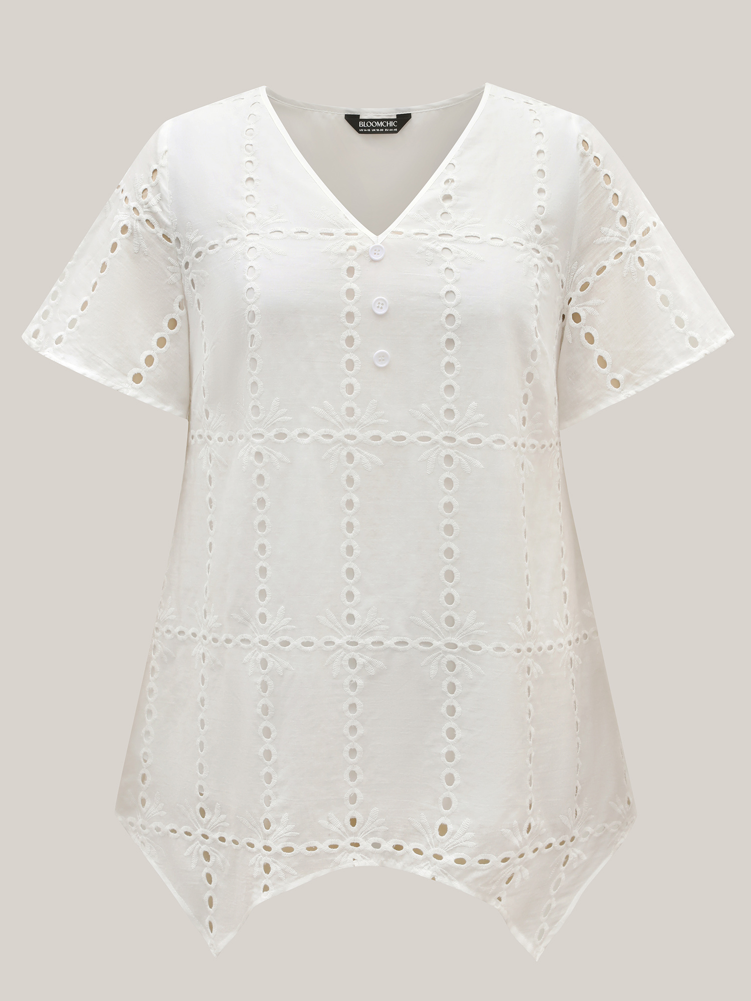 Plus Size Originalwhite Cotton Embroidered V-Neck Shirt Women Resort Short sleeve V-neck Vacation Blouses BloomChic 26/4X 