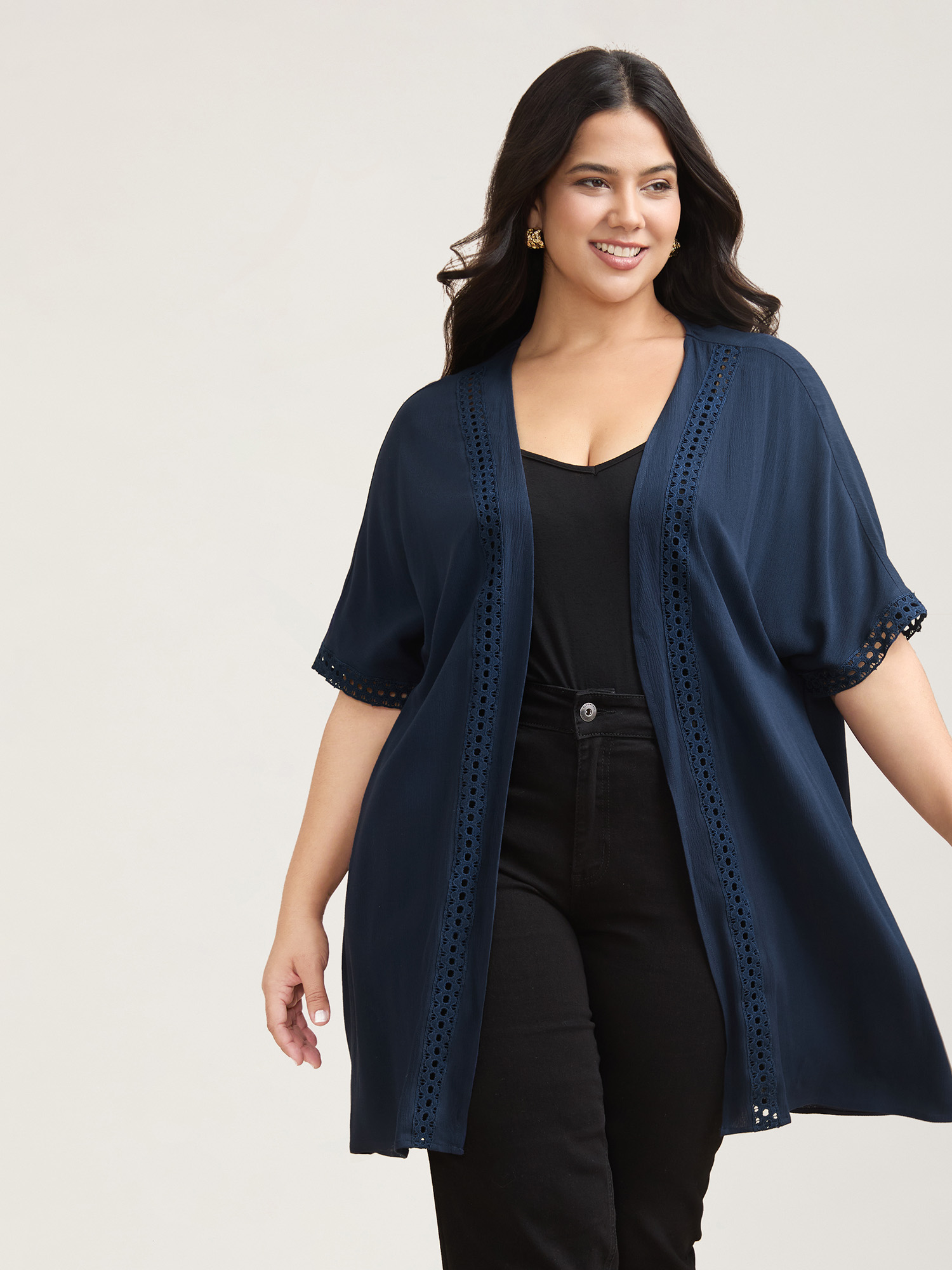 

Plus Size Lace Spliced Half Sleeve Kimono Cardigan Women Indigo Elegant Woven ribbon&lace trim Loose Everyday Kimonos BloomChic