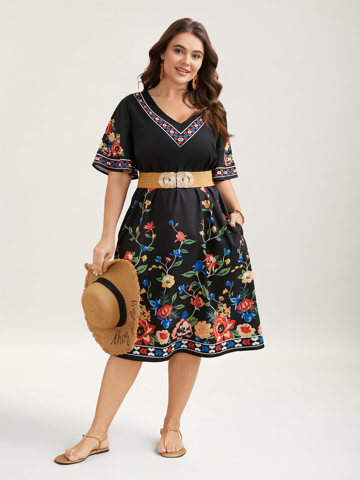 

Plus Size Boho Print V-Neck Flared Sleeve Midi Dress Black Women Resort Non V-neck Short sleeve Curvy BloomChic