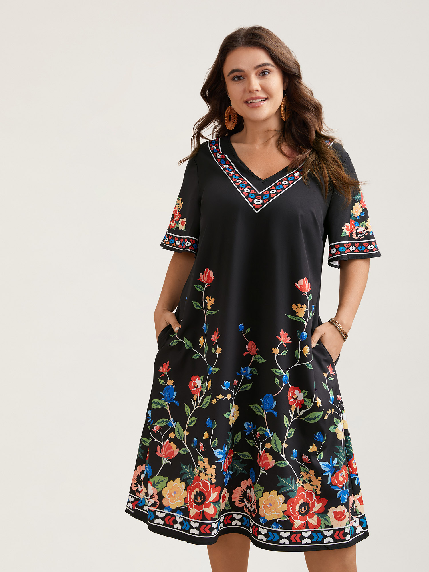 Plus Size Boho Print V-Neck Flared Sleeve Midi Dress Black Women Resort Non V-neck Short sleeve Curvy BloomChic 18-20/2X 