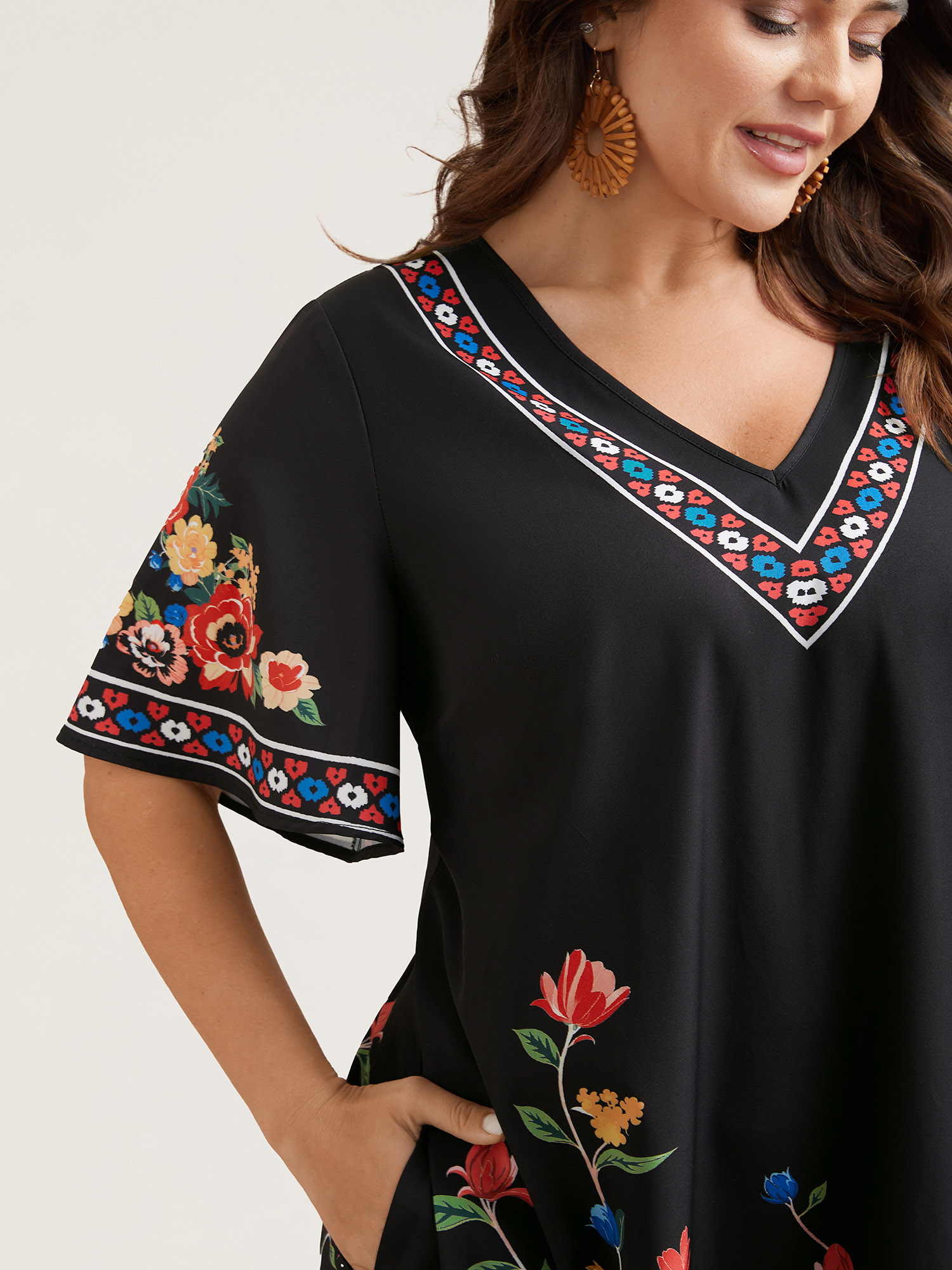 Plus Size Boho Print V-Neck Flared Sleeve Midi Dress Black Women Resort Non V-neck Short sleeve Curvy BloomChic 18-20/2X 