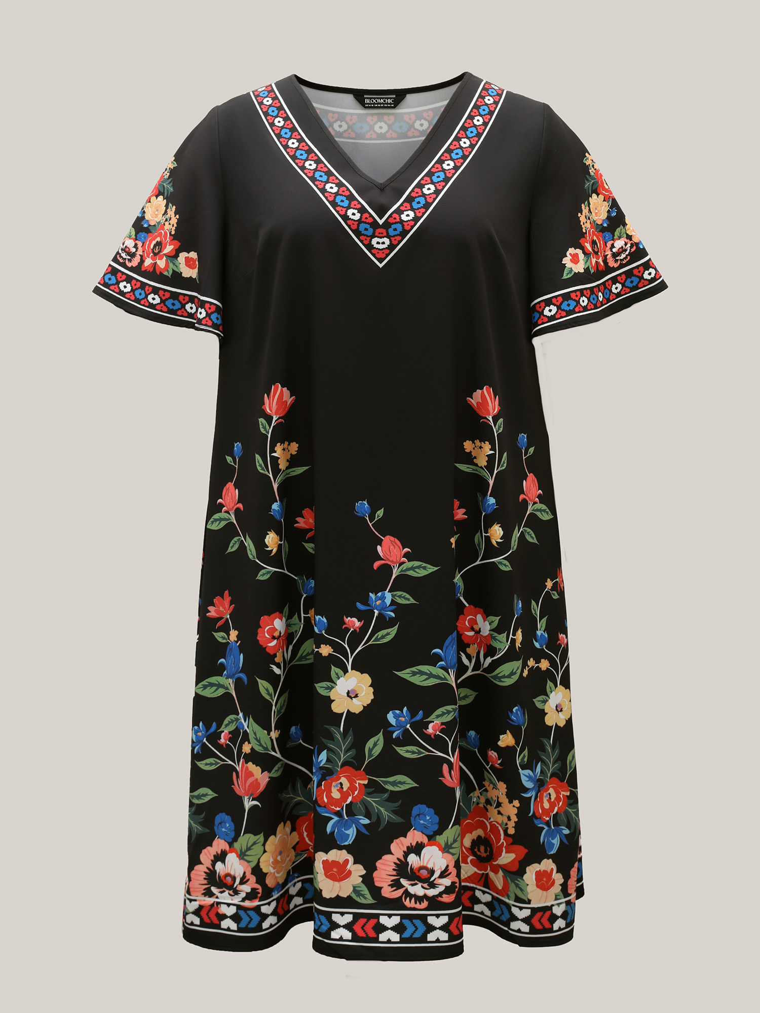 Plus Size Boho Print V-Neck Flared Sleeve Midi Dress Black Women Resort Non V-neck Short sleeve Curvy BloomChic 18-20/2X 