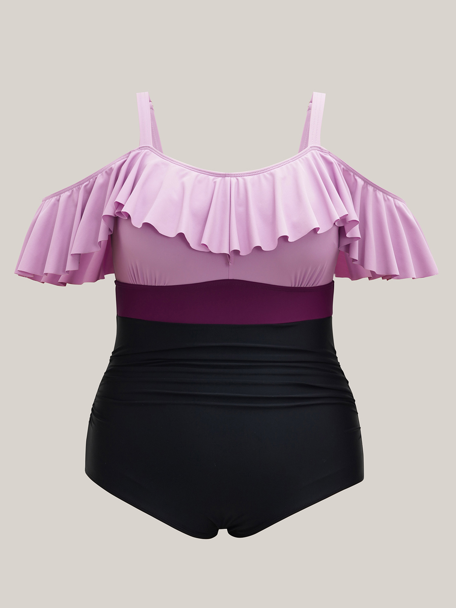 Plus Size Cold-Shoulder Ruffled One-Piece Swimsuit Women`s Swimwear Lilac Beach Gathered Curve Bathing Suits High stretch One Pieces BloomChic 22-24/3X 