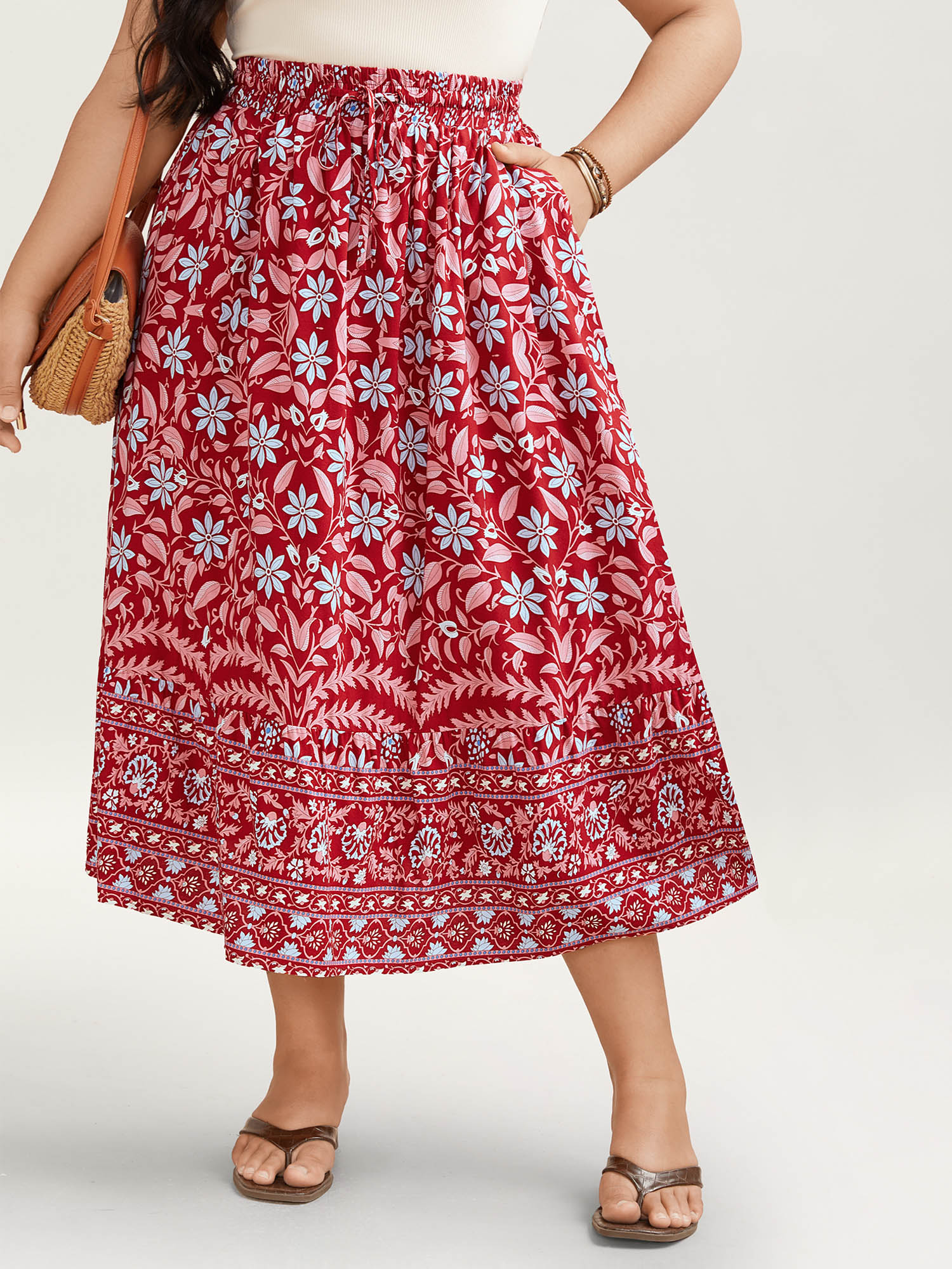 

Plus Size Spring Floral Fusion Panelled Tiered Skirt Women Russet Resort Patchwork Low stretch Slanted pocket Vacation Skirts BloomChic